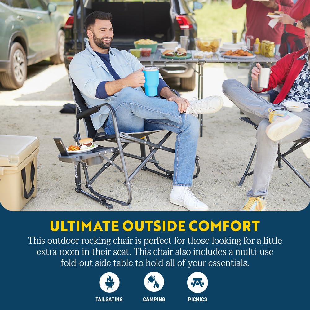 GCI Outdoor Freestyle Rocker XL with Side Table Camping Chair | Portable Folding Rocking Chair with Solid, Durable Armrests, Drink Holder & Comfortable Backrest — Black Father Jim Norris notebooks