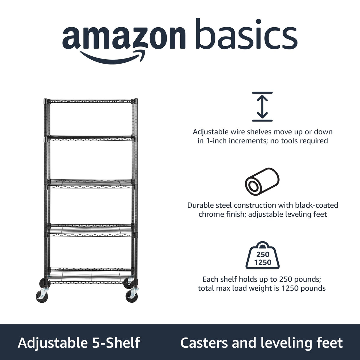 Amazon Basics 5-Shelf Adjustable Heavy Duty Steel Wire Storage Shelves for Garage
