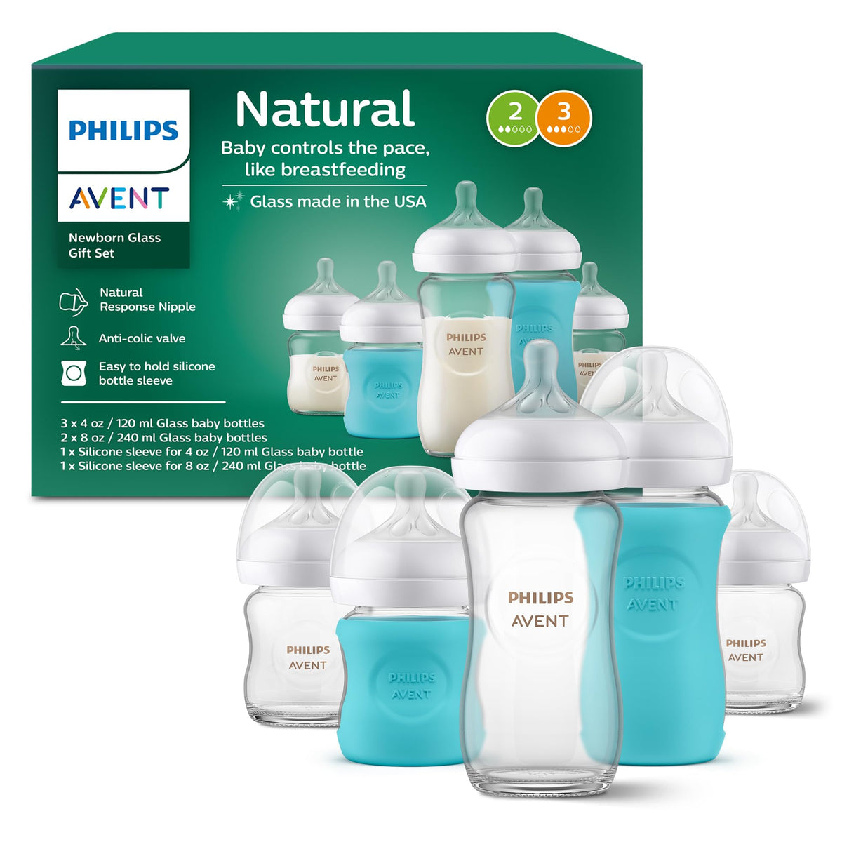Philips Avent Natural Glass Baby Bottles, Medium Flow, 8 oz, BPA-Free