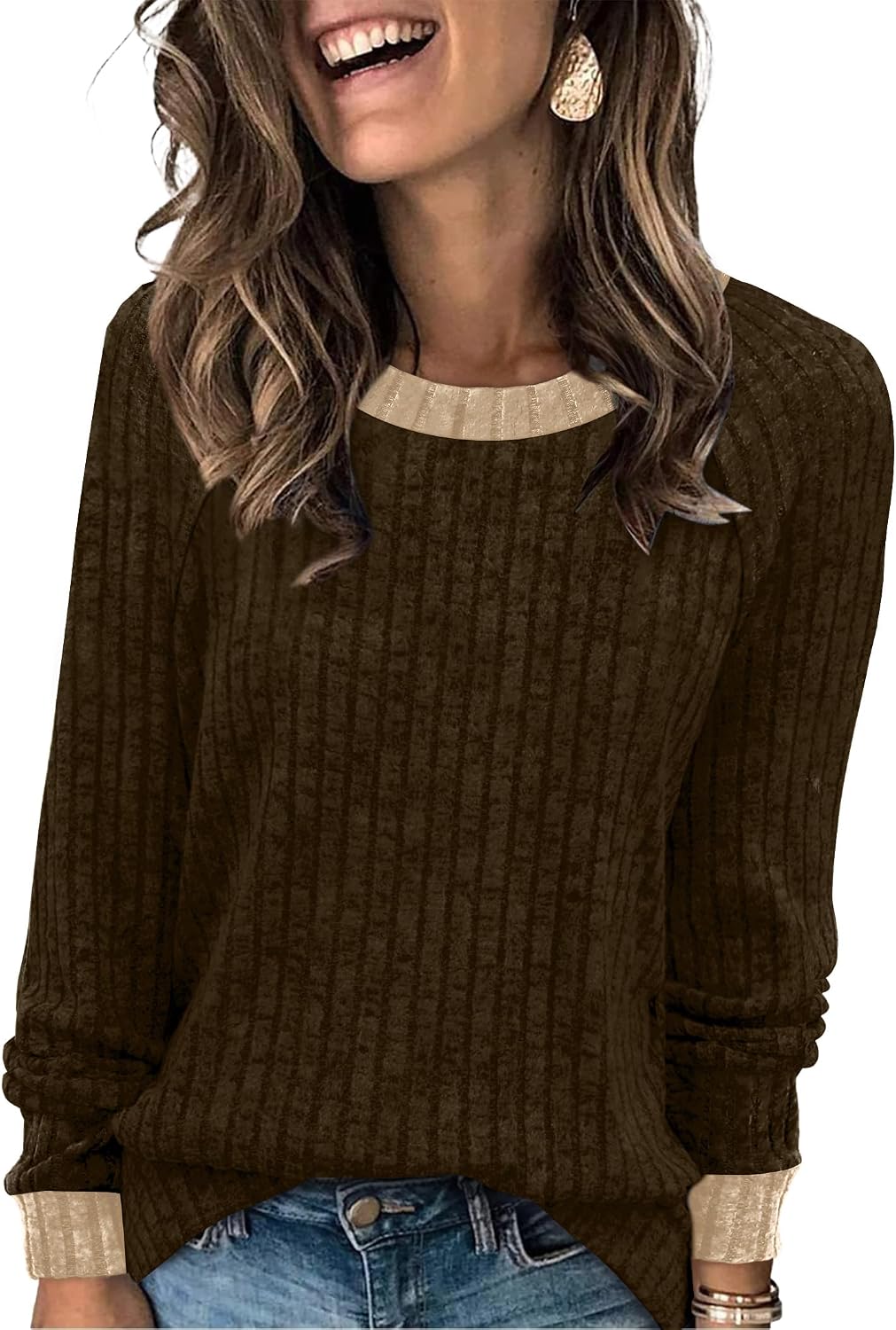 WIHOLL Long Sleeve Shirts for Women Lightweight Sweaters Fall Outfits 2026 Color Block Winter Clothing Dressy Casual Soft