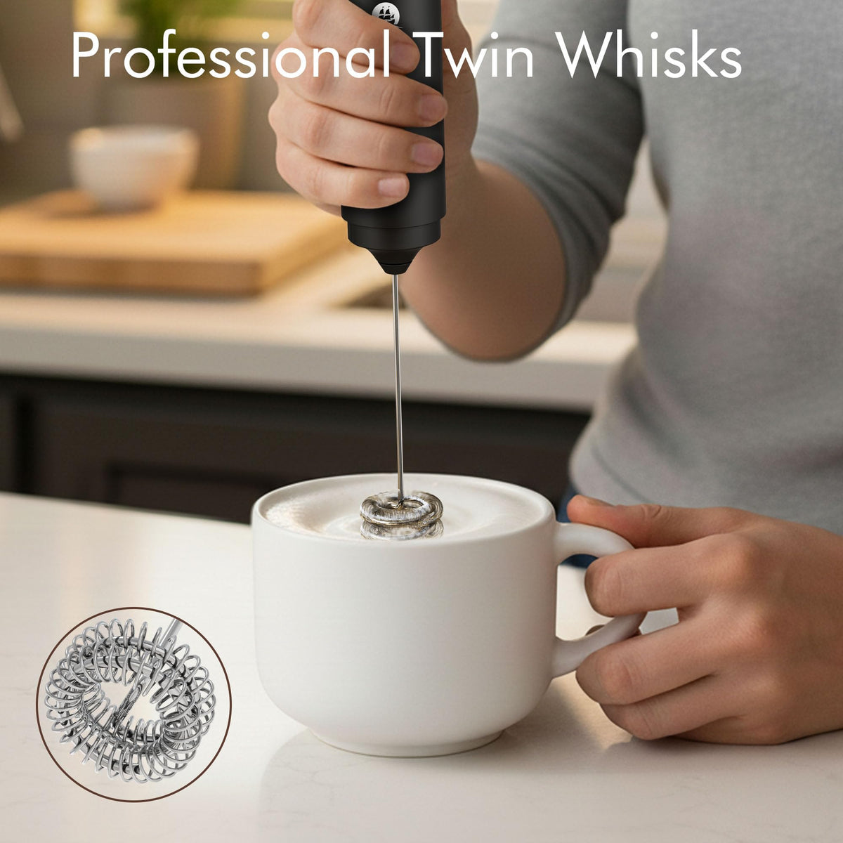 Rechargeable Milk Frother Handheld, 2-IN-1 Dual Spring Whisk Electric Frother Wand