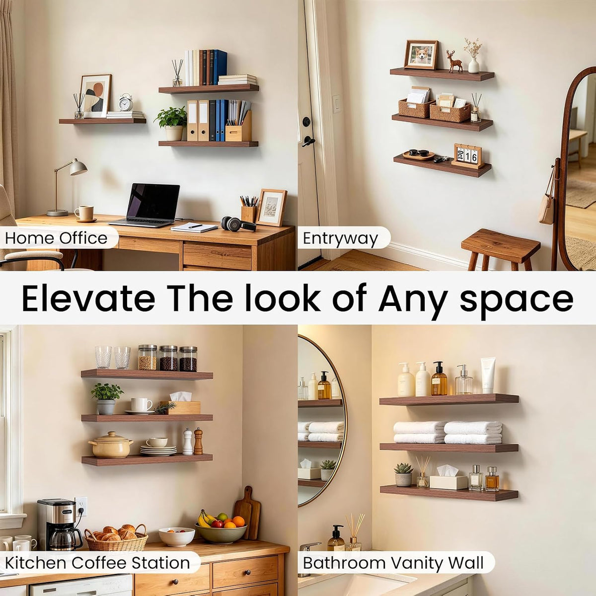 BAYKA Rustic Brown Bathroom Floating Shelves, 15.7in, 3Pk, Wall Mount Shelf