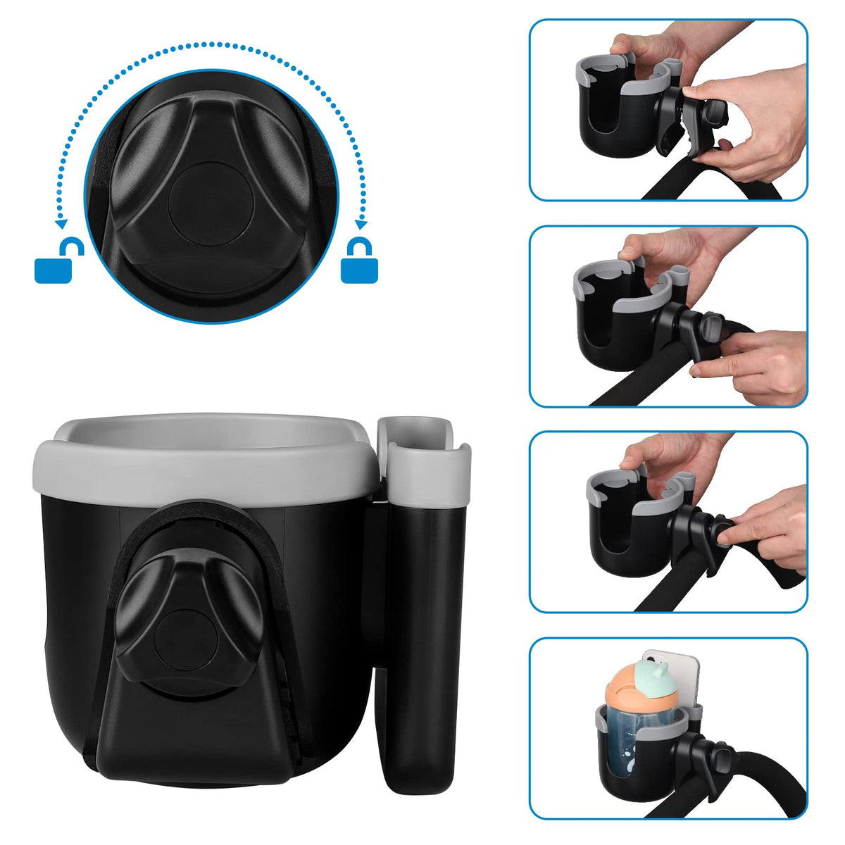 Accmor Stroller Cup Holder with Phone Holder, Bike Cup Holder, Walker Scooter Wheelchair Cup Holder Attachment, Universal Cup Holder for Uppababy Graco Strollers