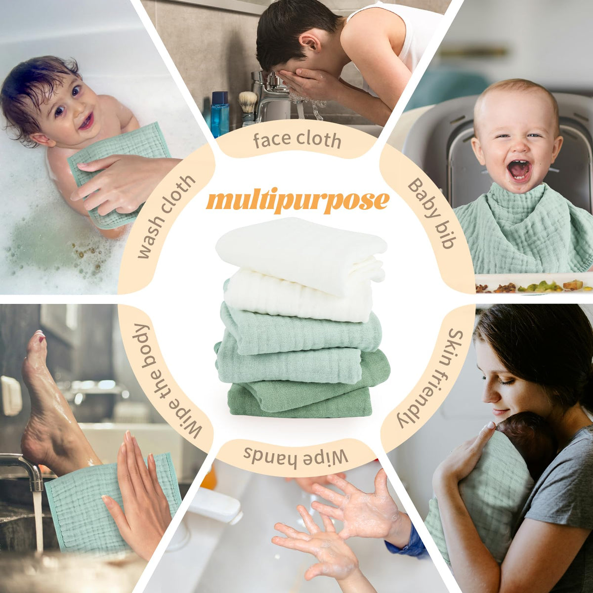 MIGIOL Baby Burp Cloths 100% Cotton Newborn Muslin Burp Cloths 10x20 inches Baby Essentials Blue & Green 5-Pack