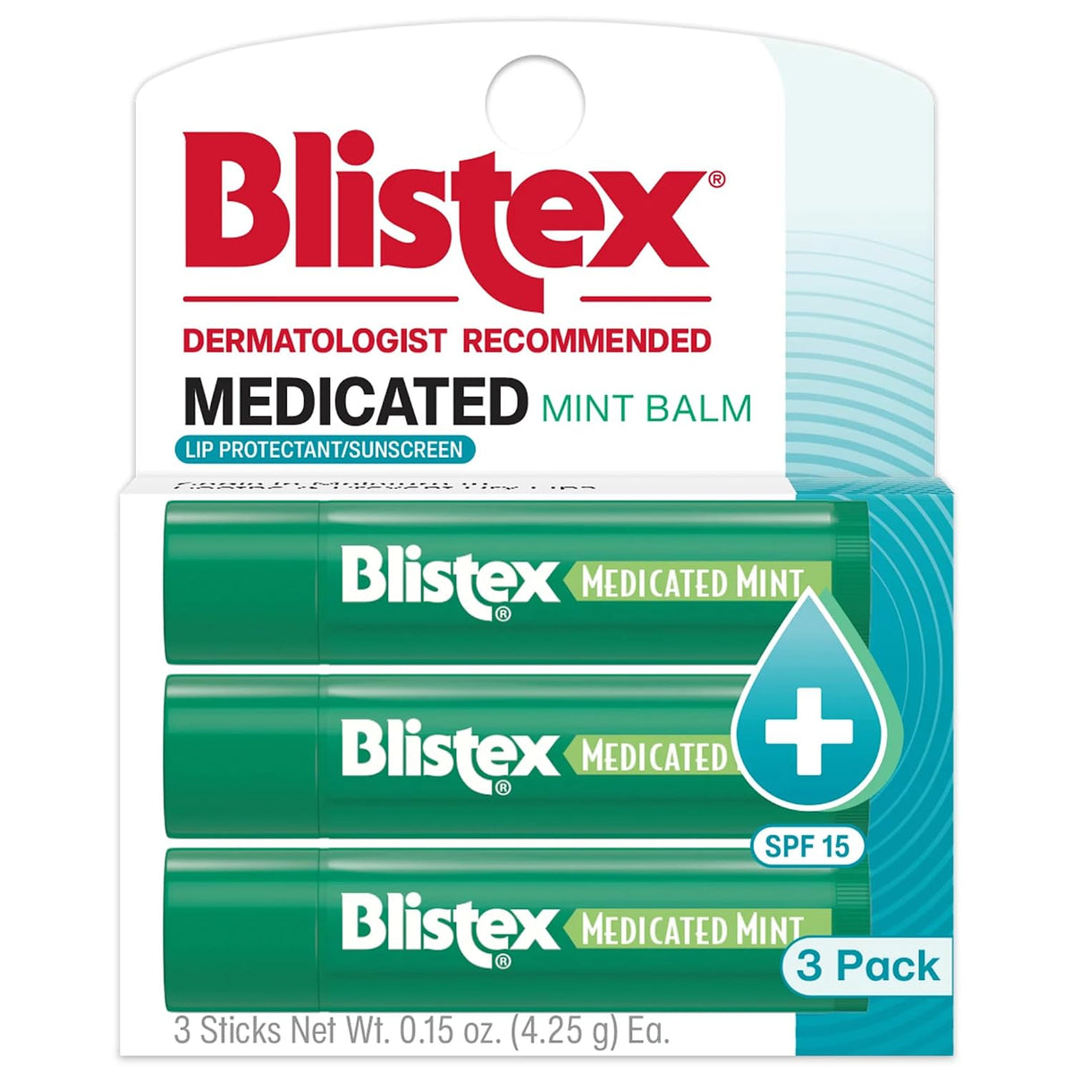 Blistex Medicated Mint Lip Balm SPF 15, 24 Hr Moisture, 0.15 oz, 3 Count