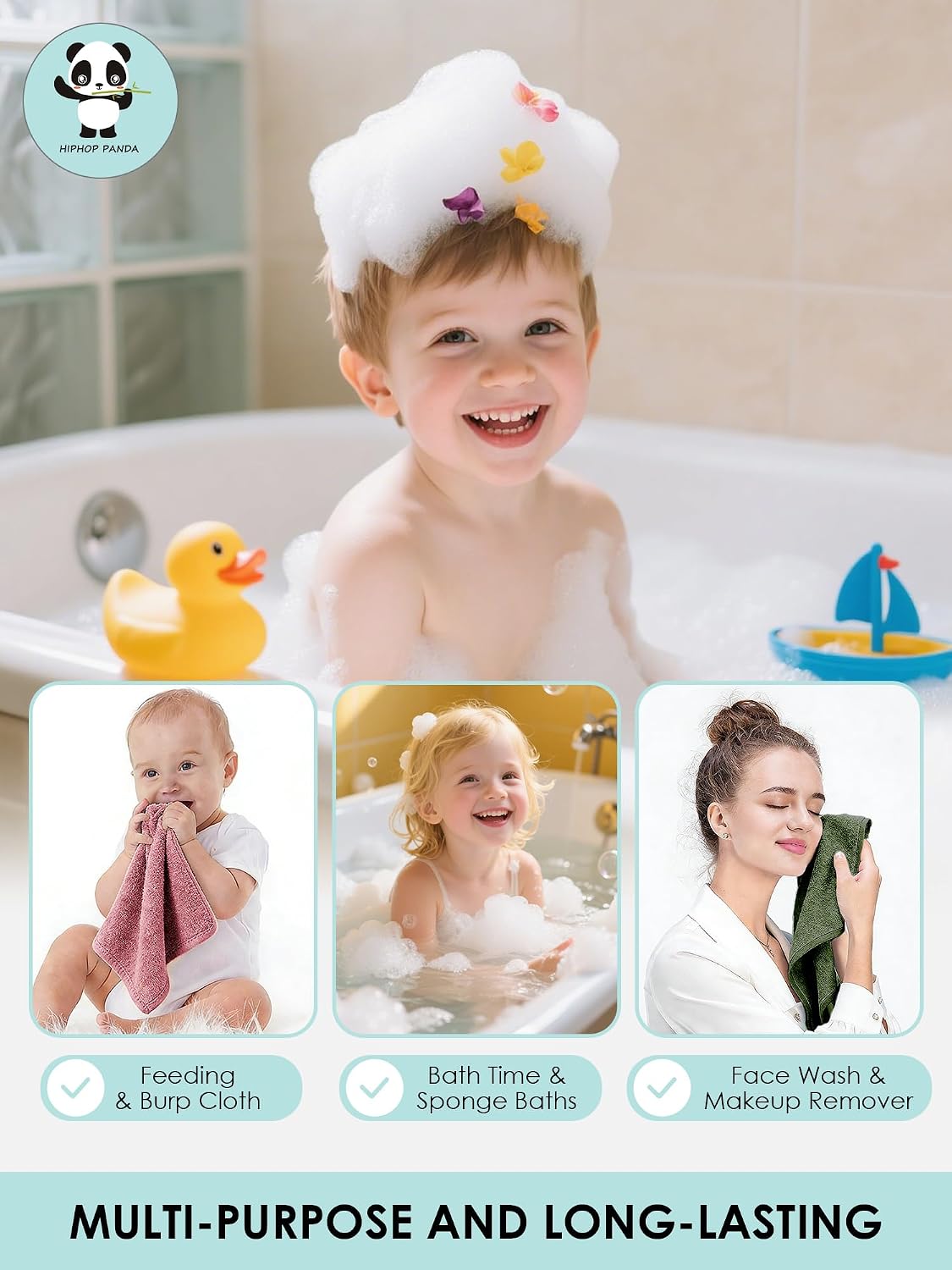 HIPHOP PANDA Ultra Soft Baby Washcloths, 2-Layer Absorbent Wash Cloths