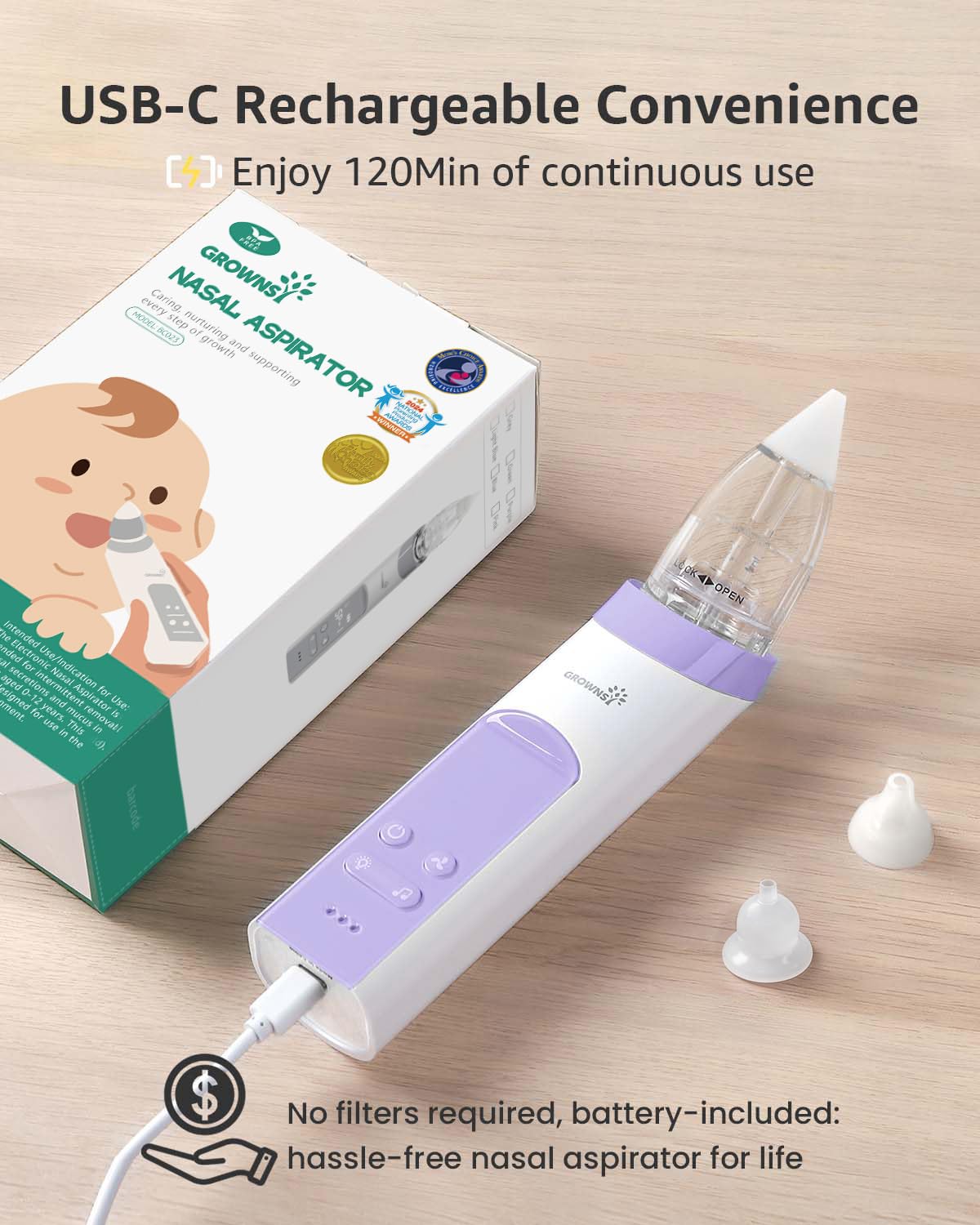 GROWNSY Baby Nasal Aspirator, Electric Nose Sucker, Powerful Suction,Grey