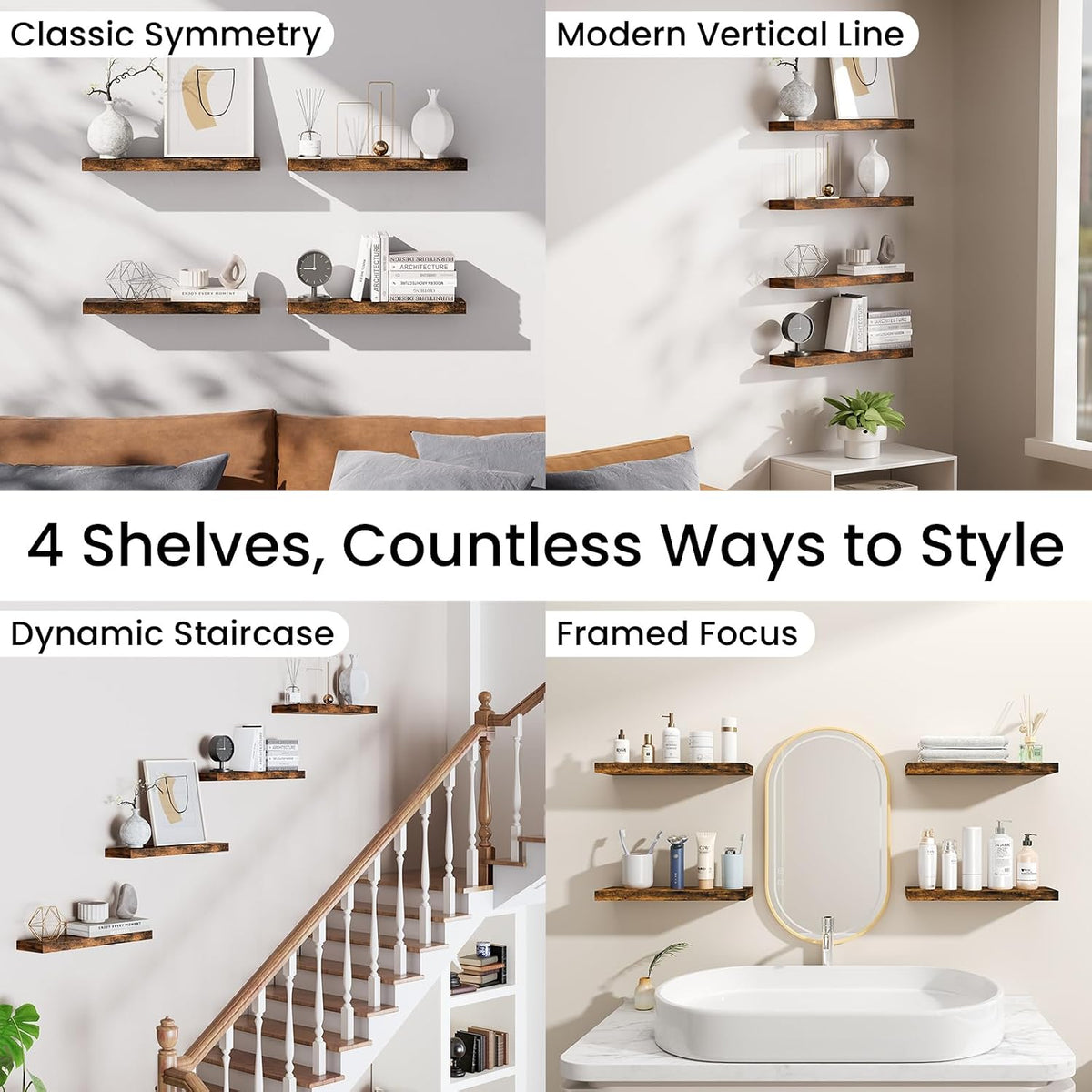 BAYKA Rustic Brown Bathroom Floating Shelves, 15.7in, 3Pk, Wall Mount Shelf