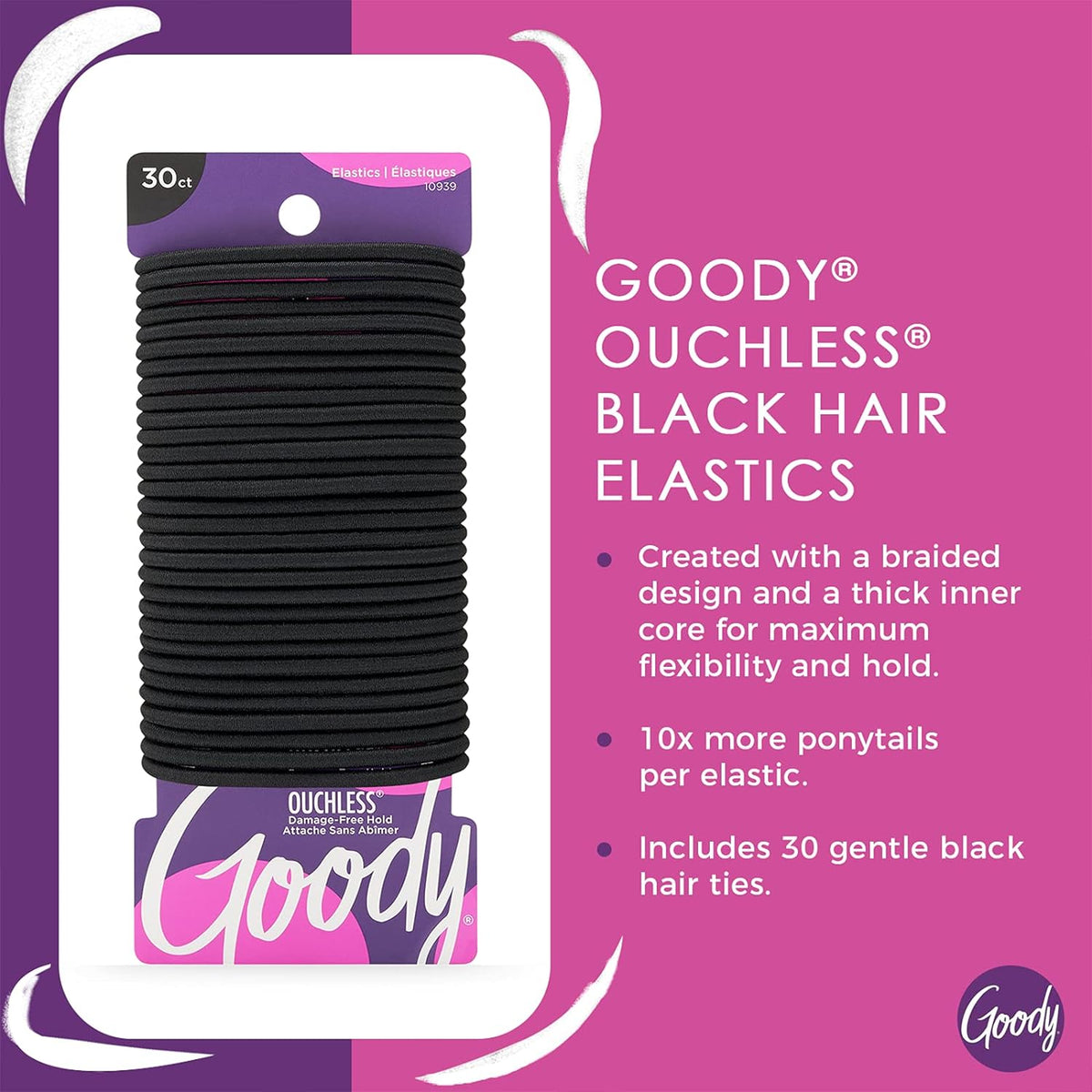 Goody Ouchless Elastic Hair Ties, 30 Ct, Brown, 4MM Rubber Bands, Pain-Free