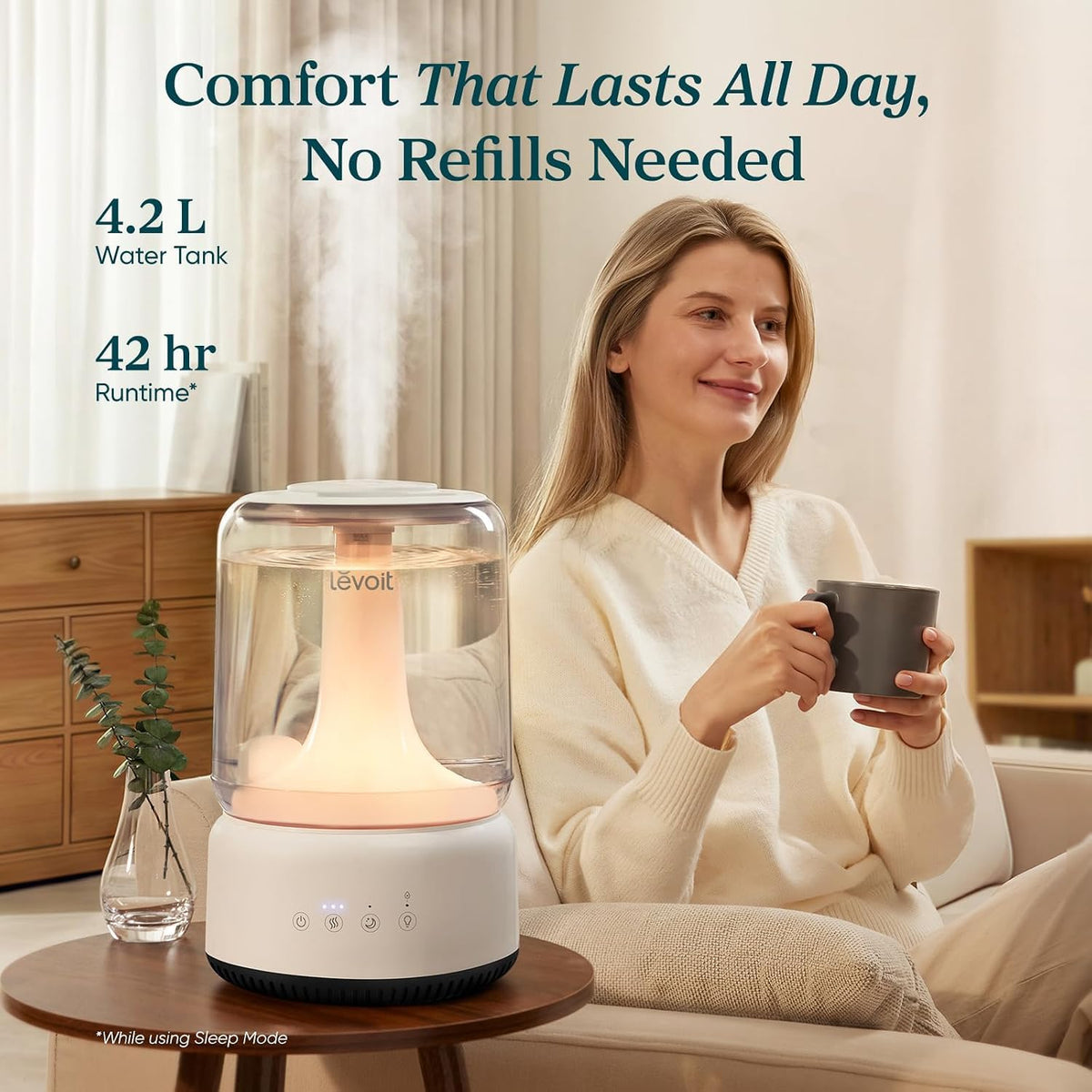 Levoit Humidifiers for Bedroom, Dishwasher Safe, Blue Light-Safe, 3.2L