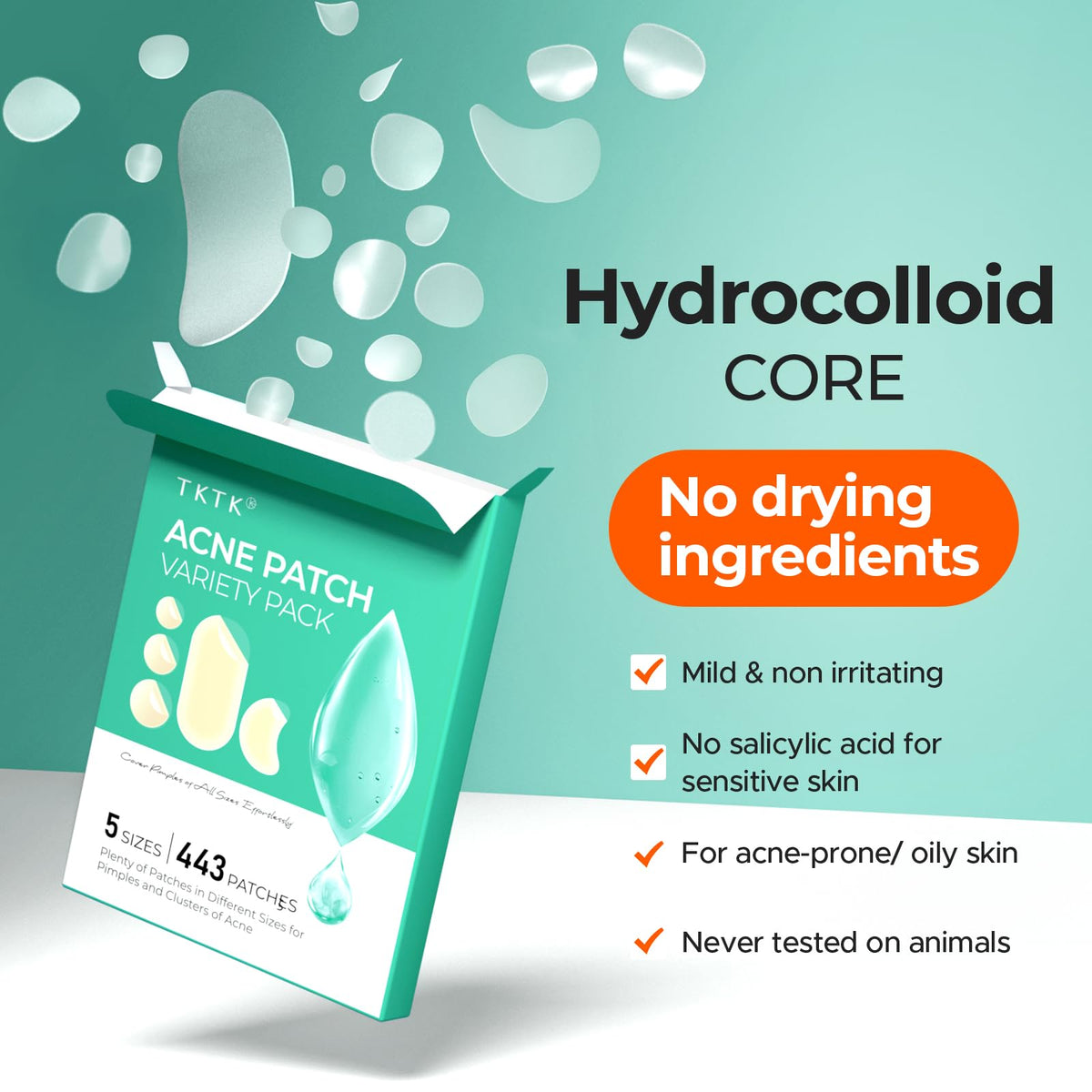 TKTK Large Hydrocolloid Pimple Patches for Acne Breakouts, 4 Big Sizes