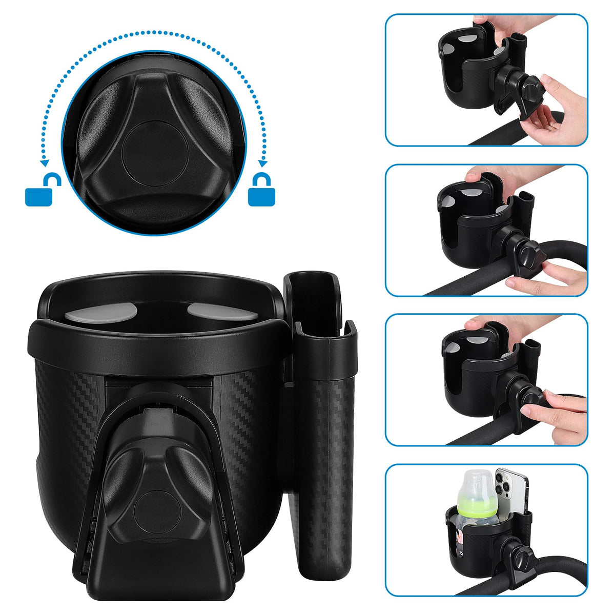Accmor Stroller Cup Holder with Phone Holder, Bike Cup Holder, Walker Scooter Wheelchair Cup Holder Attachment, Universal Cup Holder for Uppababy Graco Strollers