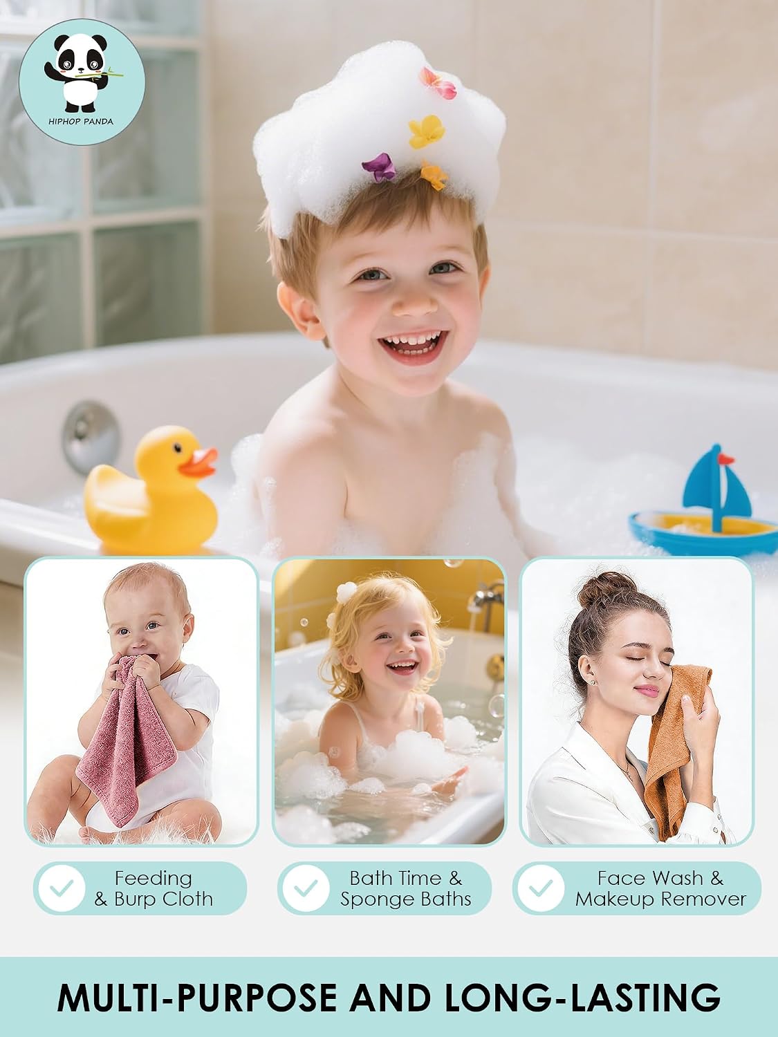 HIPHOP PANDA Ultra Soft Baby Washcloths, 2-Layer Absorbent Wash Cloths
