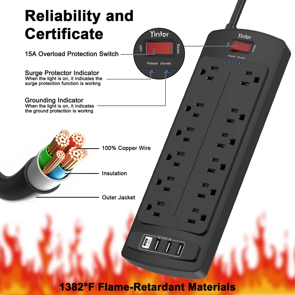 Yintar 6Ft Surge Protector Power Strip with 6 Outlets & 3 USB Ports, Black Father Jim Norris notebooks