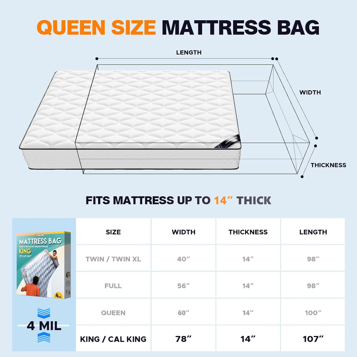 Plastic Mattress Bag for Moving Storage, King Size (1.5MIL)