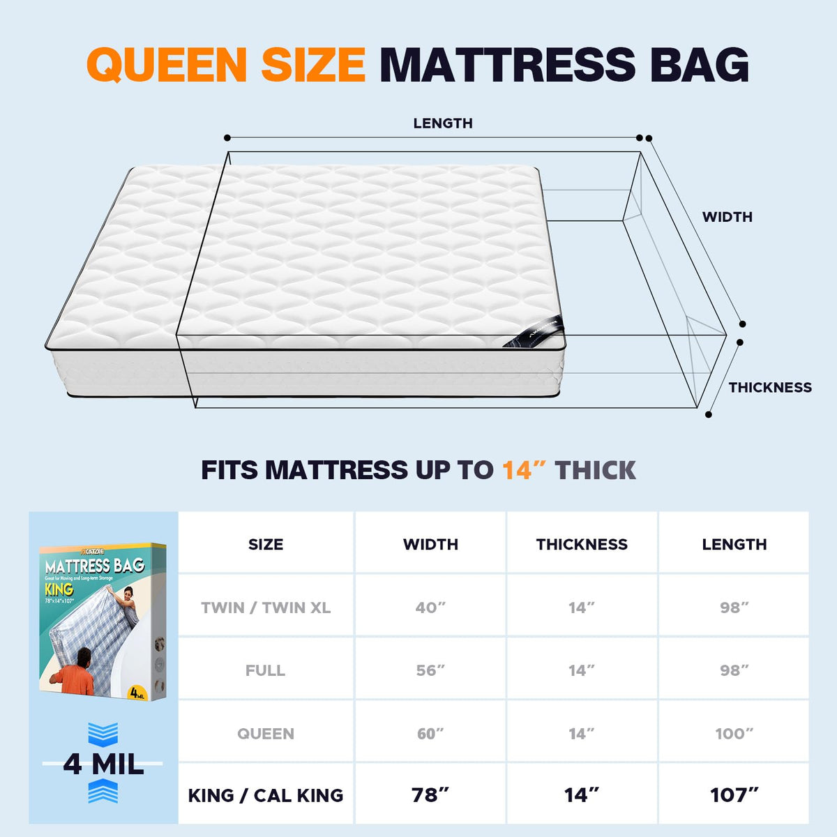 Plastic Mattress Bag for Moving Storage, King Size (1.5MIL)