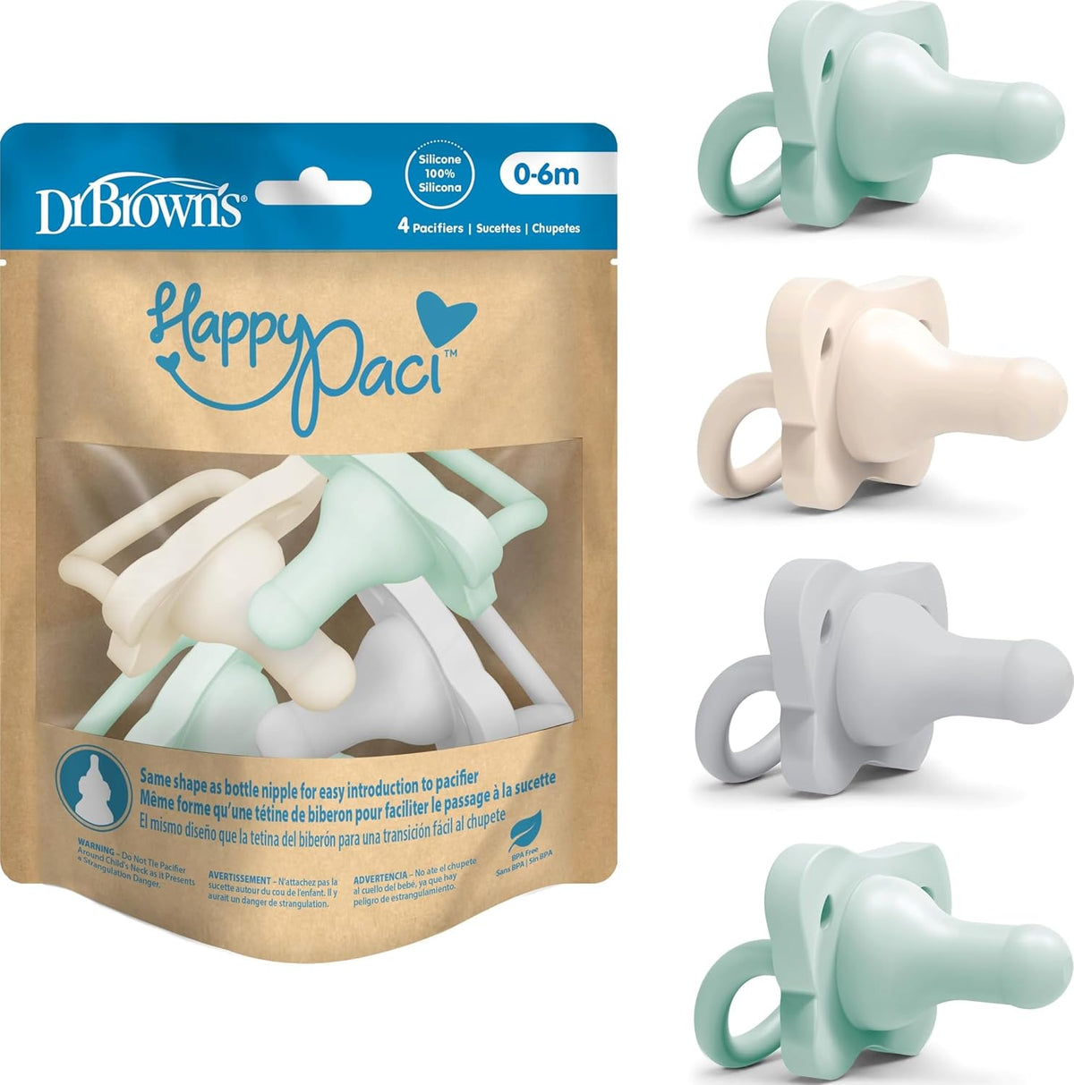 Dr. Brown's HappyPaci Baby Pacifier, Gray, Green, Ecru, 0-6m, 4-Pack