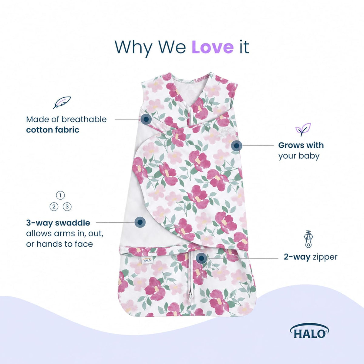 HALO SleepSack Swaddle | Cotton | 1.5 TOG | 68-75°F | 6-12 lbs |Baby Blue