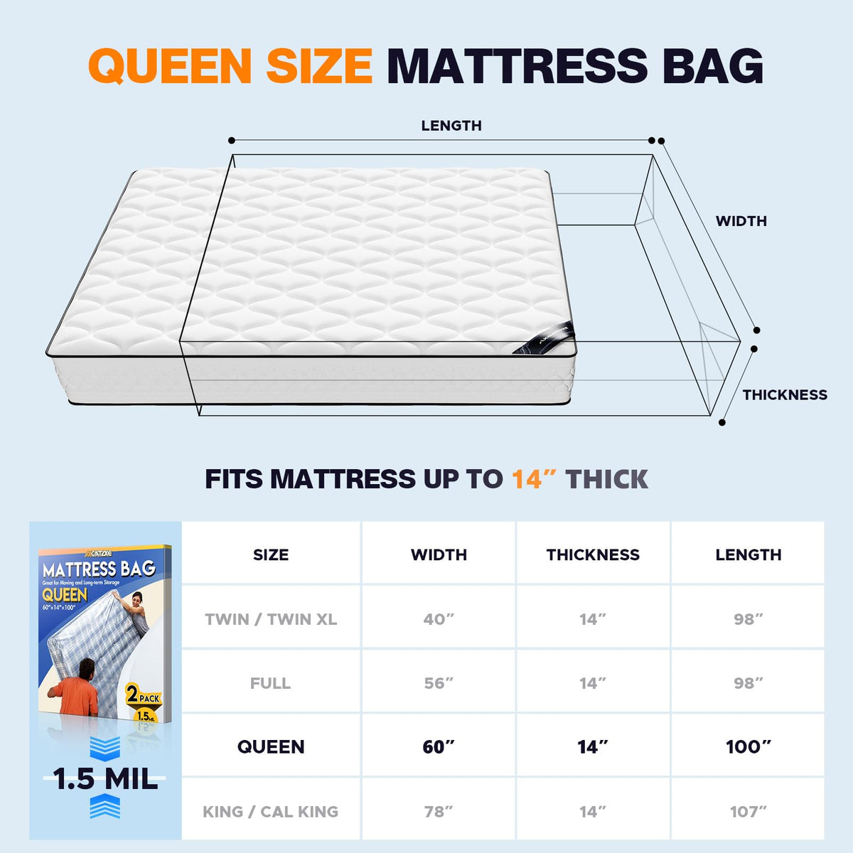 Plastic Mattress Bag for Moving Storage, King Size (1.5MIL)