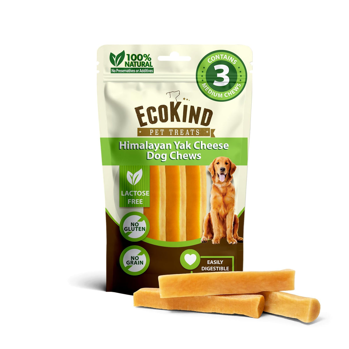 EcoKind Yak Cheese Himalayan Dog Chews, Yak Chews for Large Dogs, 4-5 Bones