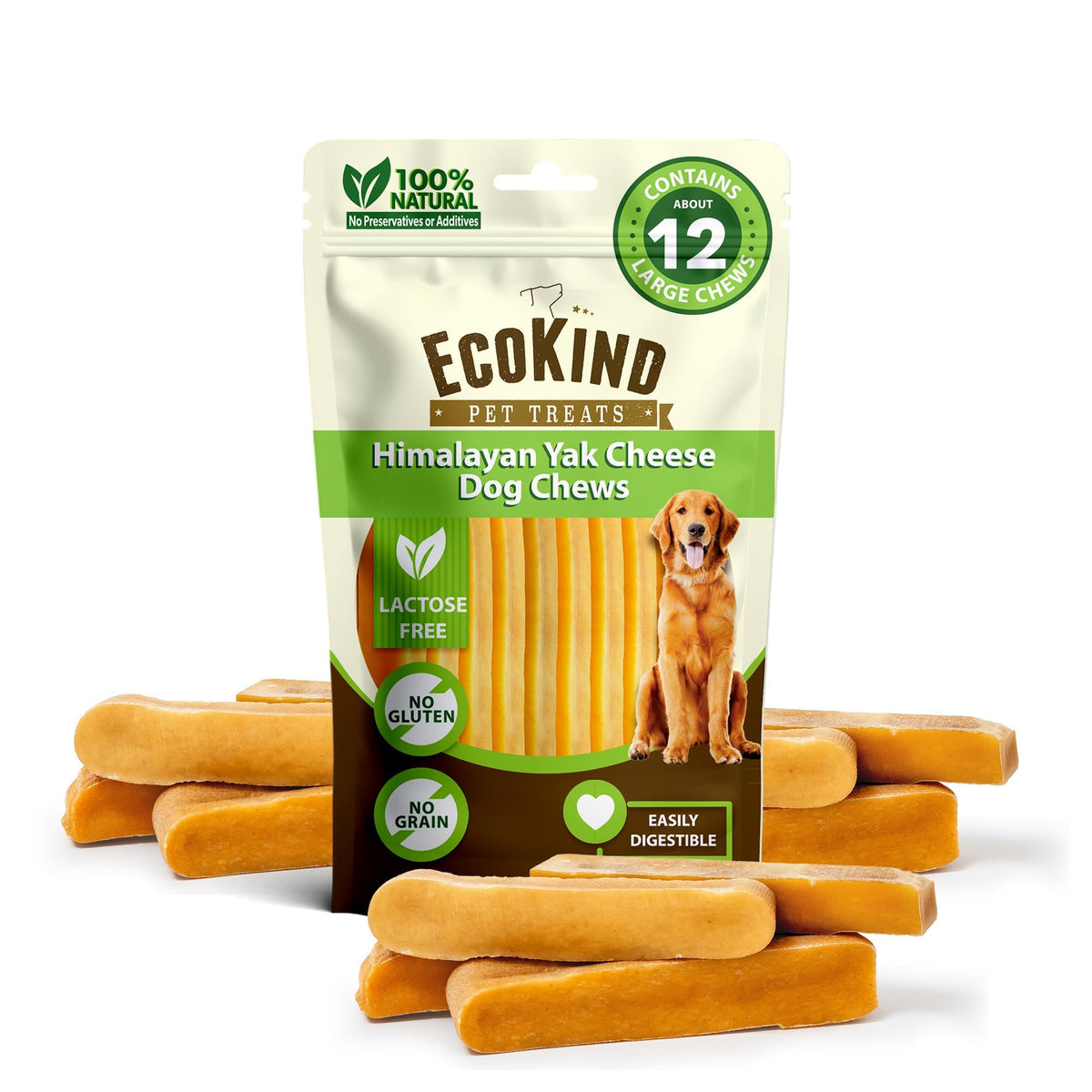 EcoKind Yak Cheese Himalayan Dog Chews, Yak Chews for Large Dogs, 4-5 Bones