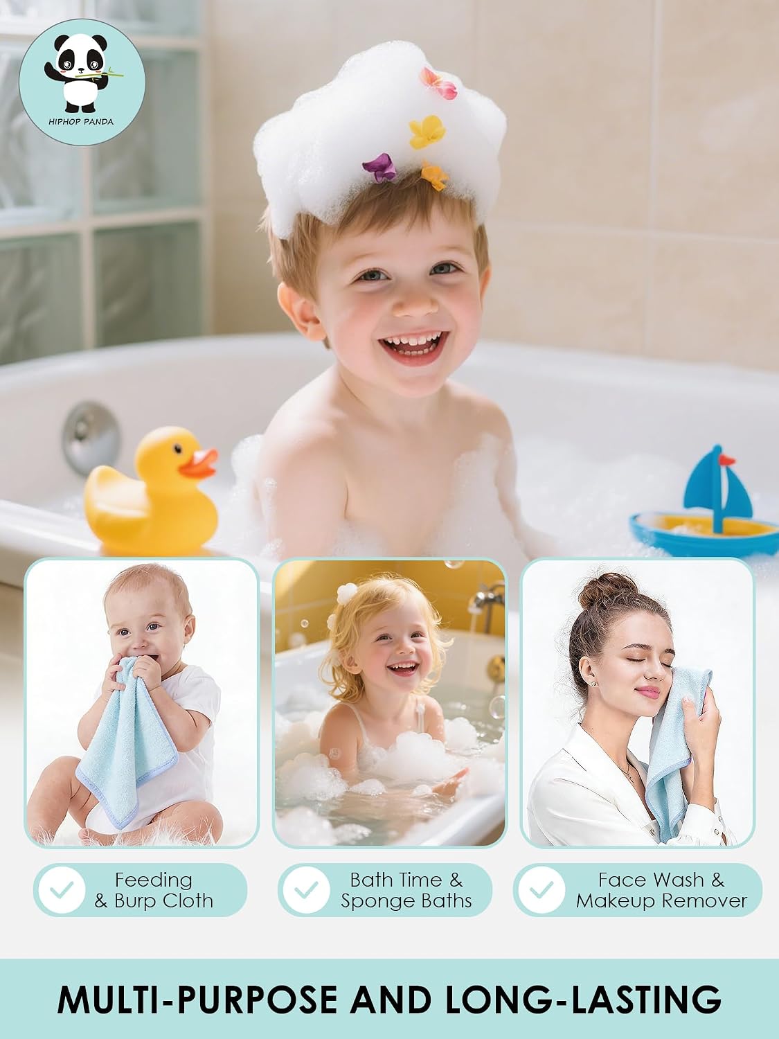 HIPHOP PANDA Ultra Soft Baby Washcloths, 2-Layer Absorbent Wash Cloths