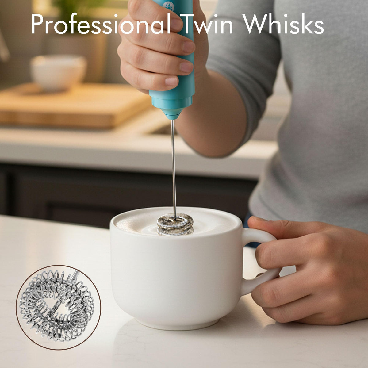 Rechargeable Milk Frother Handheld, 2-IN-1 Dual Spring Whisk Electric Frother Wand