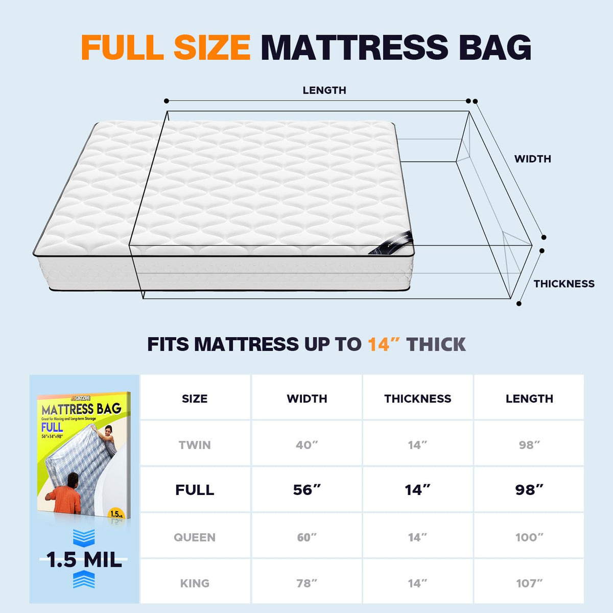 Plastic Mattress Bag for Moving Storage, King Size (1.5MIL)