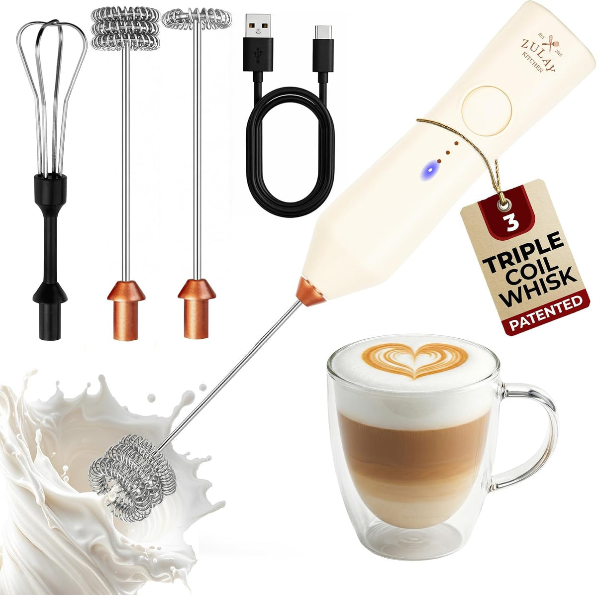 Zulay Kitchen Powerful Milk Frother Wand With Duracell Batteries - Ultra Fast Handheld Drink Mixer - Electric Whisk Foam Maker for Coffee, Lattes, Cappuccino & Matcha - Triple Whisk - Queen Turquoise
