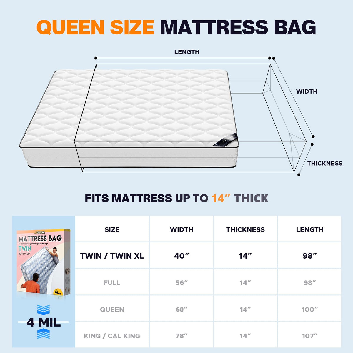 Plastic Mattress Bag for Moving Storage, King Size (1.5MIL)