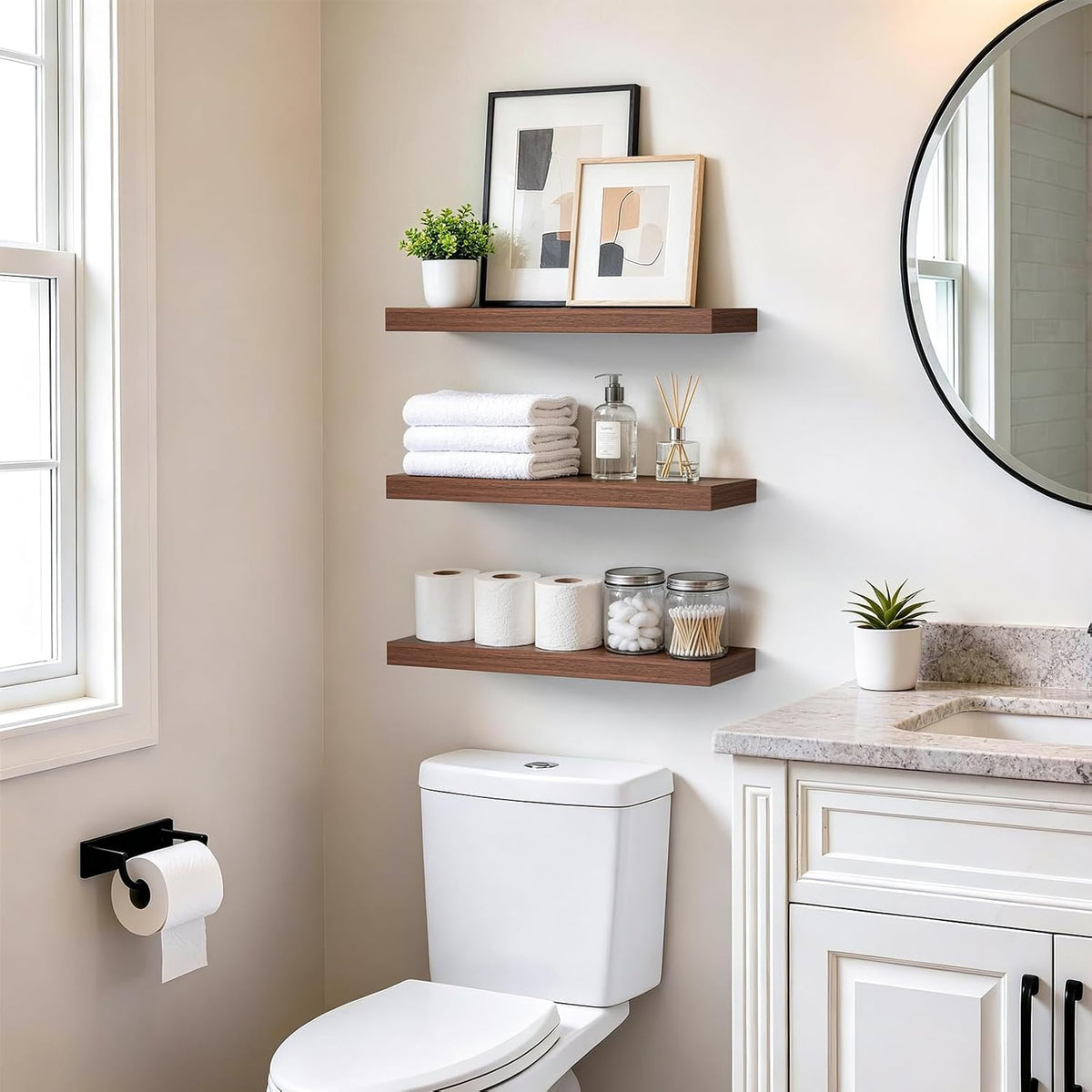 BAYKA Rustic Brown Bathroom Floating Shelves, 15.7in, 3Pk, Wall Mount Shelf