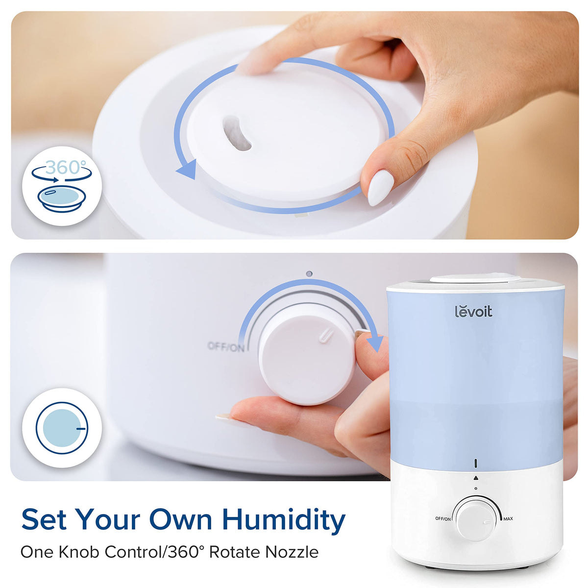 Levoit Humidifiers for Bedroom, Dishwasher Safe, Blue Light-Safe, 3.2L