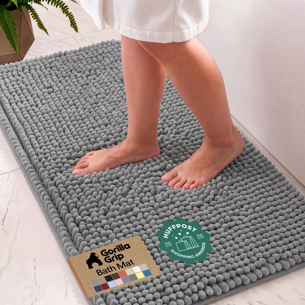 GORILLA GRIP Bath Rug Mat for Bathroom, Absorbent Chenille, 24x17 Gray