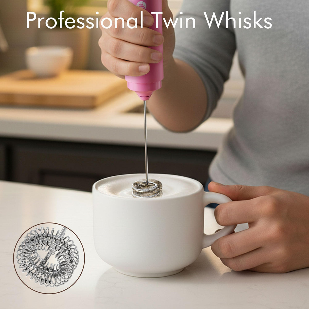 Rechargeable Milk Frother Handheld, 2-IN-1 Dual Spring Whisk Electric Frother Wand