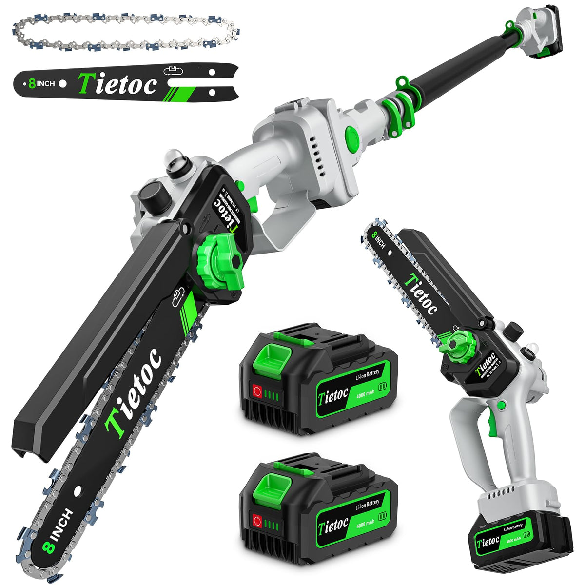 TIETOC 2-in-1 Brushless Pole Saw for Tree Trimming – 8" Mini Electric Chainsaw with 2×4000mAh Batteries, Auto Oiling, Tool-Free Adjustment,Cordless Battery Powered Saw for Home Garden Branch Cutting Father Jim Norris notebooks