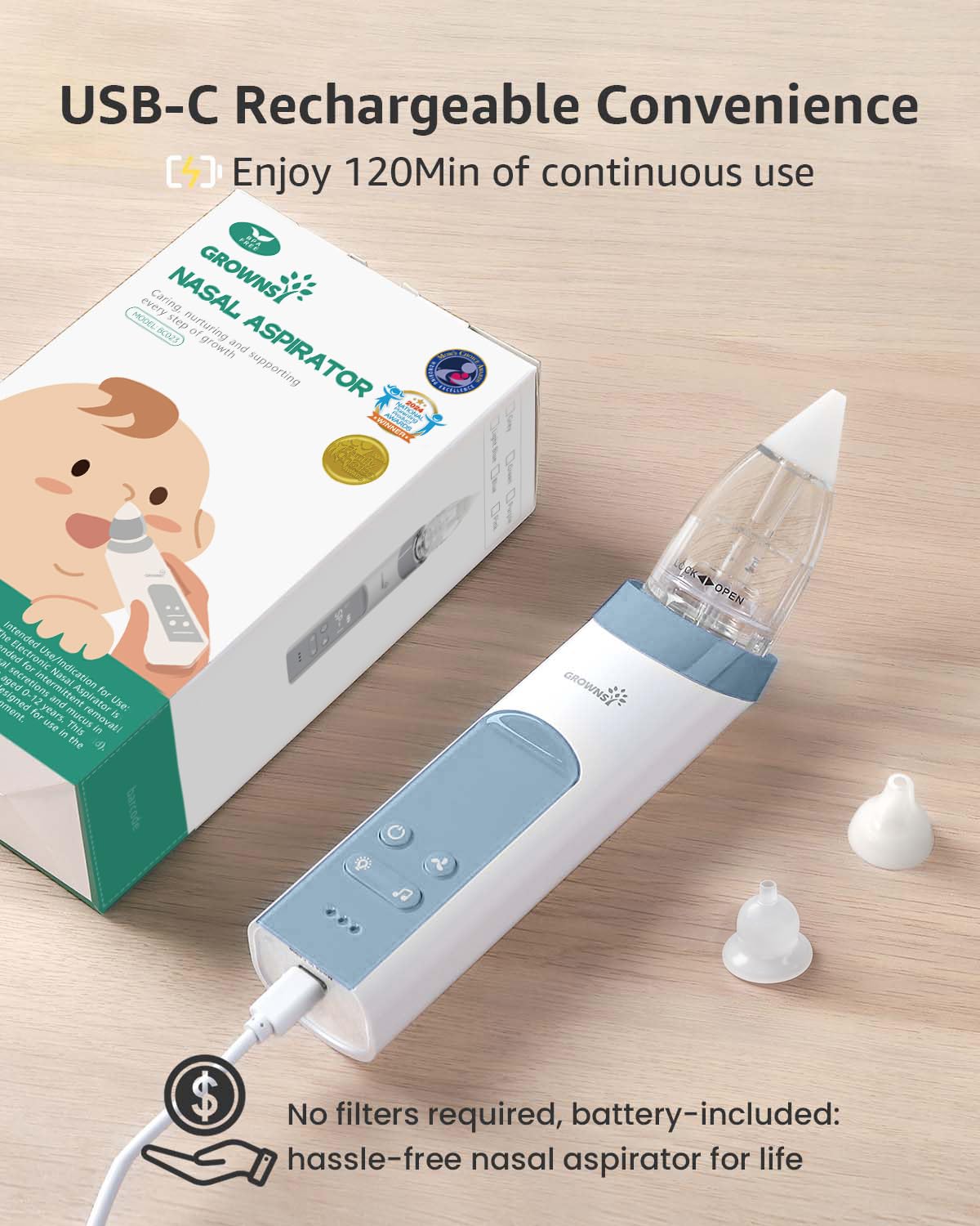 GROWNSY Baby Nasal Aspirator, Electric Nose Sucker, Powerful Suction,Grey