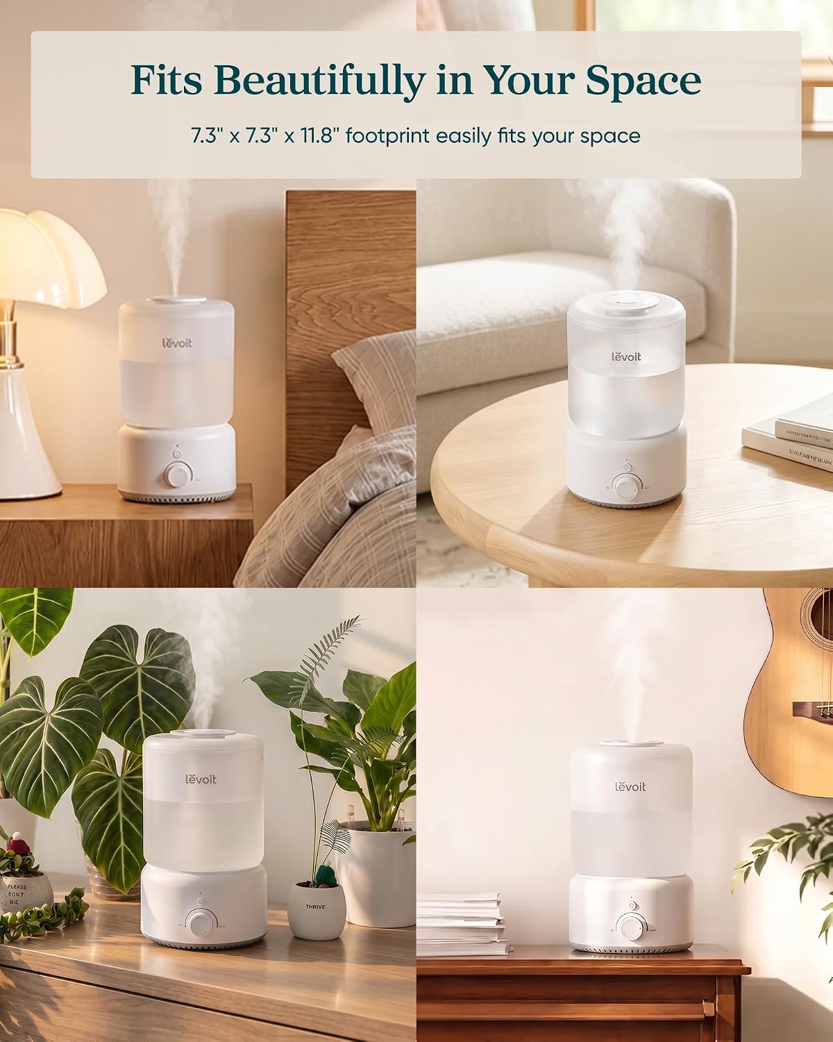Levoit Humidifiers for Bedroom, Dishwasher Safe, Blue Light-Safe, 3.2L