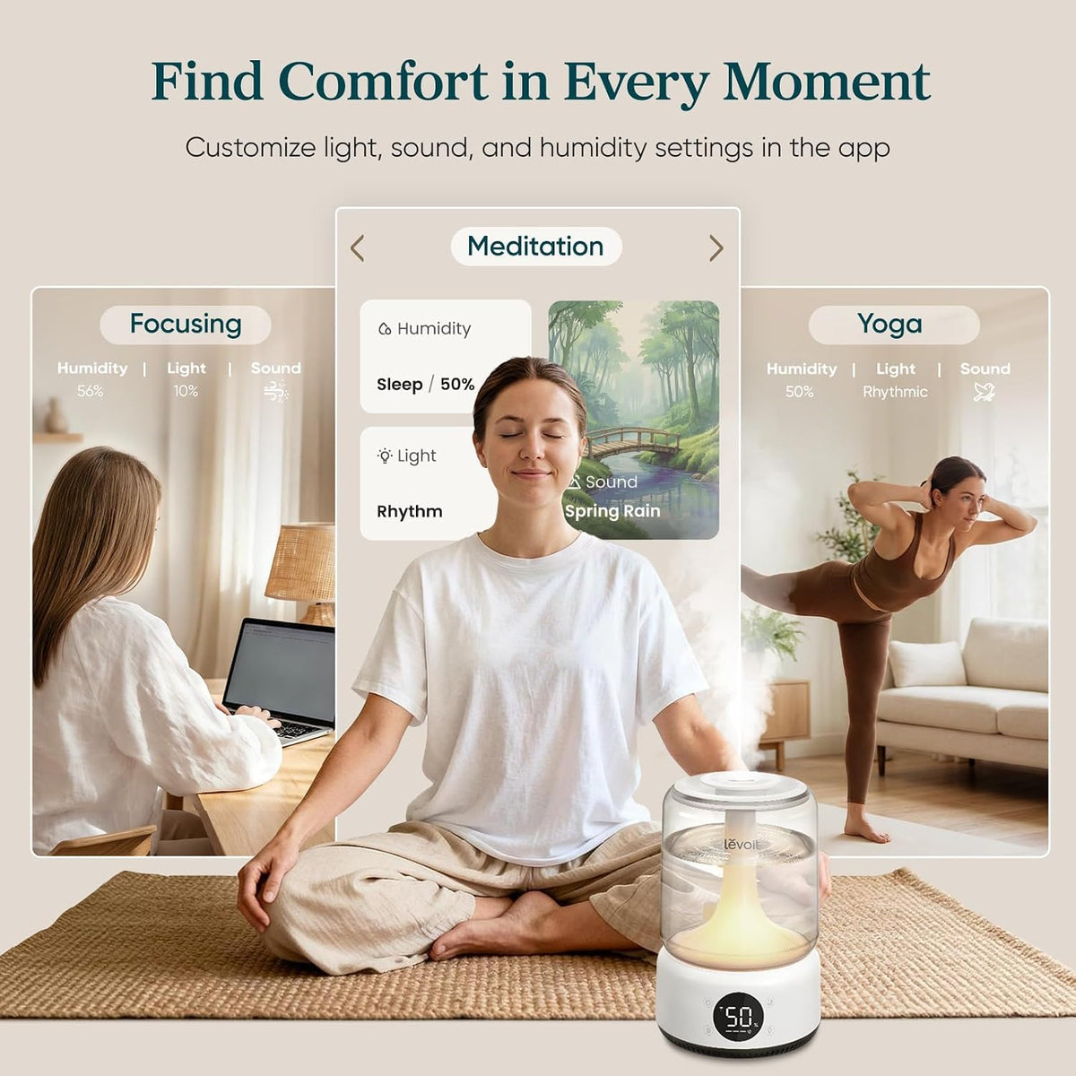 Levoit Humidifiers for Bedroom, Dishwasher Safe, Blue Light-Safe, 3.2L