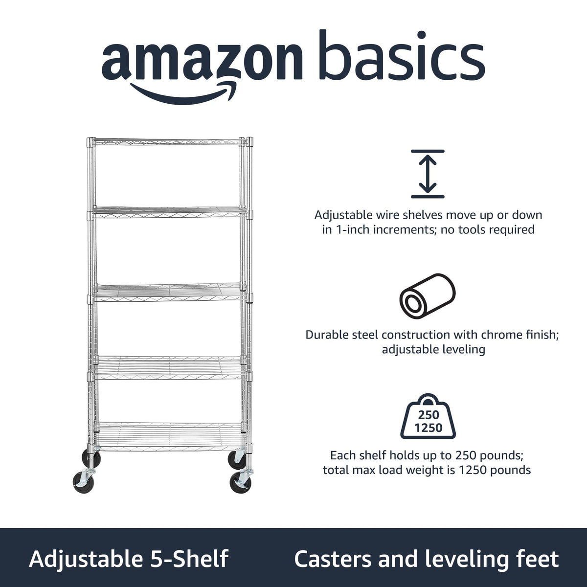 Amazon Basics 5-Shelf Adjustable Heavy Duty Steel Wire Storage Shelves for Garage