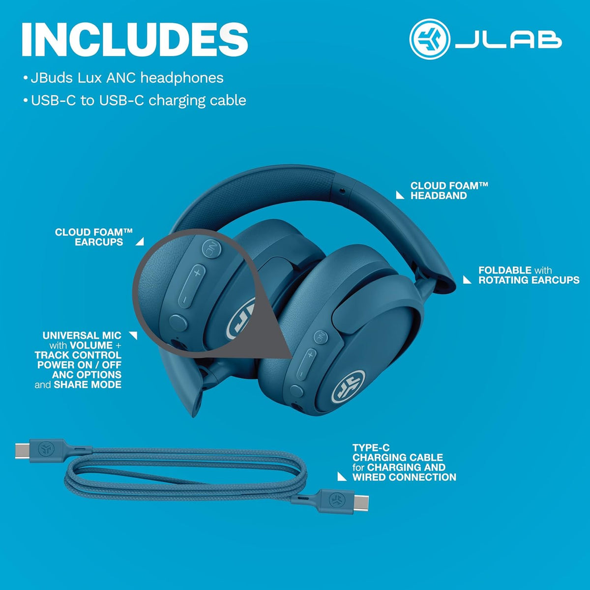JLab JBuds Lux ANC Wireless Over-Ear Headphones, Limited Edition Navy Father Jim Norris notebooks