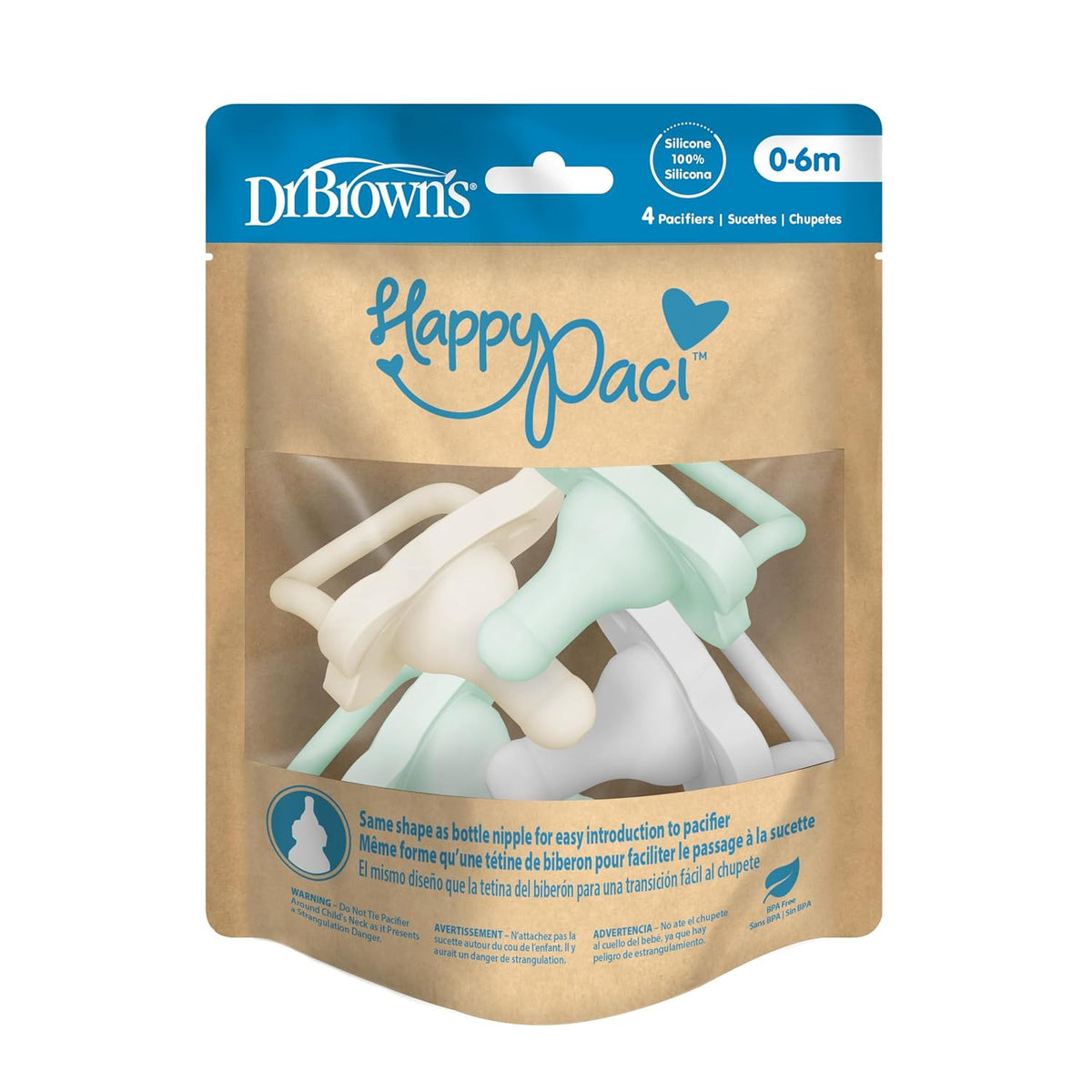 Dr. Brown's HappyPaci Baby Pacifier, Gray, Green, Ecru, 0-6m, 4-Pack