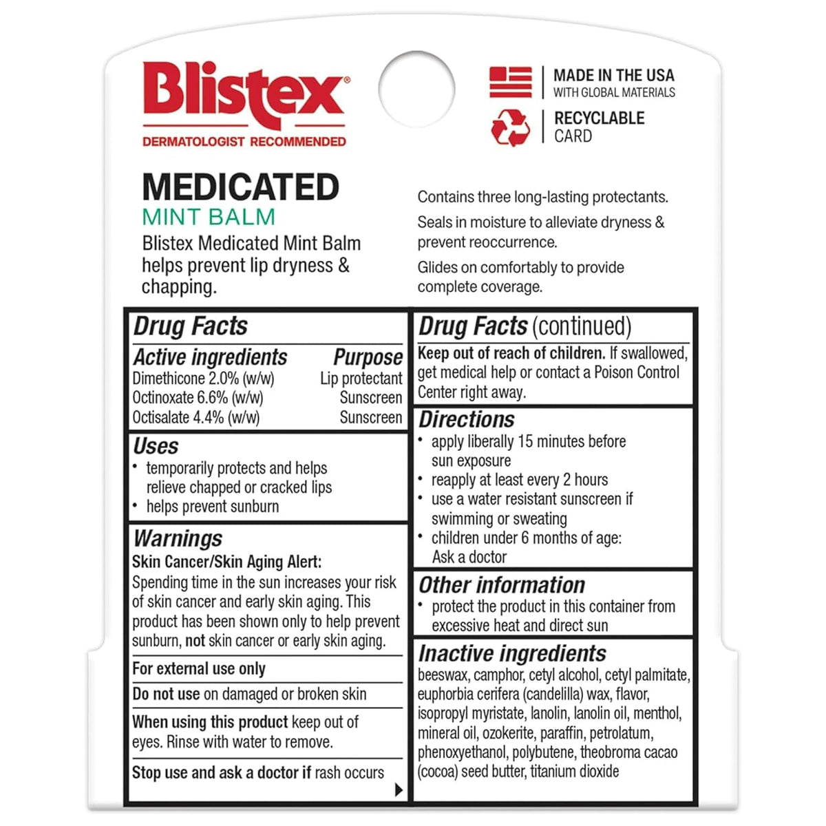 Blistex Medicated Mint Lip Balm SPF 15, 24 Hr Moisture, 0.15 oz, 3 Count
