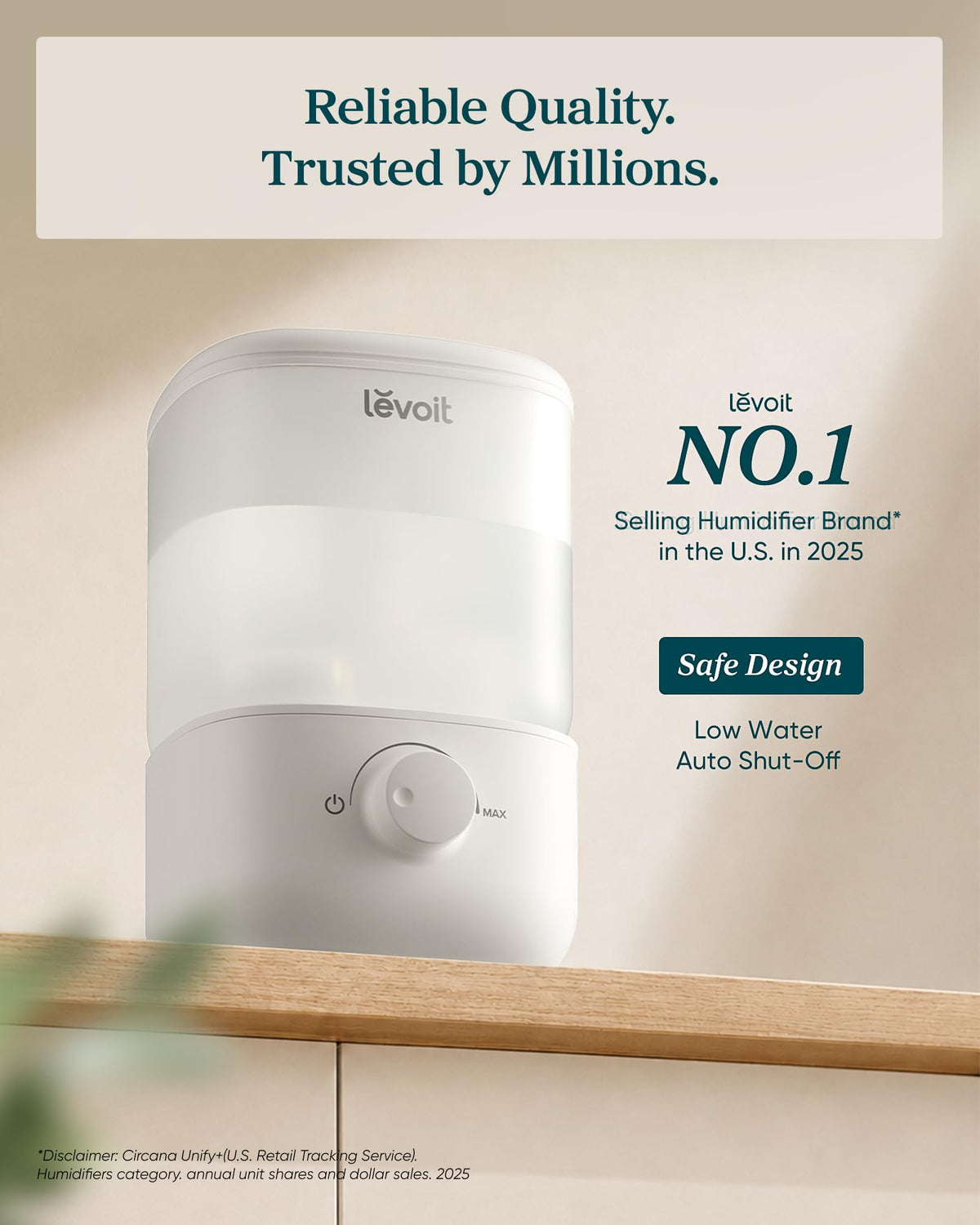 Levoit Humidifiers for Bedroom, Dishwasher Safe, Blue Light-Safe, 3.2L