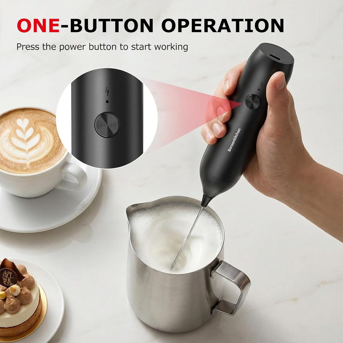 Bonsenkitchen Milk Frother for Coffee, Battery Operated, Black
