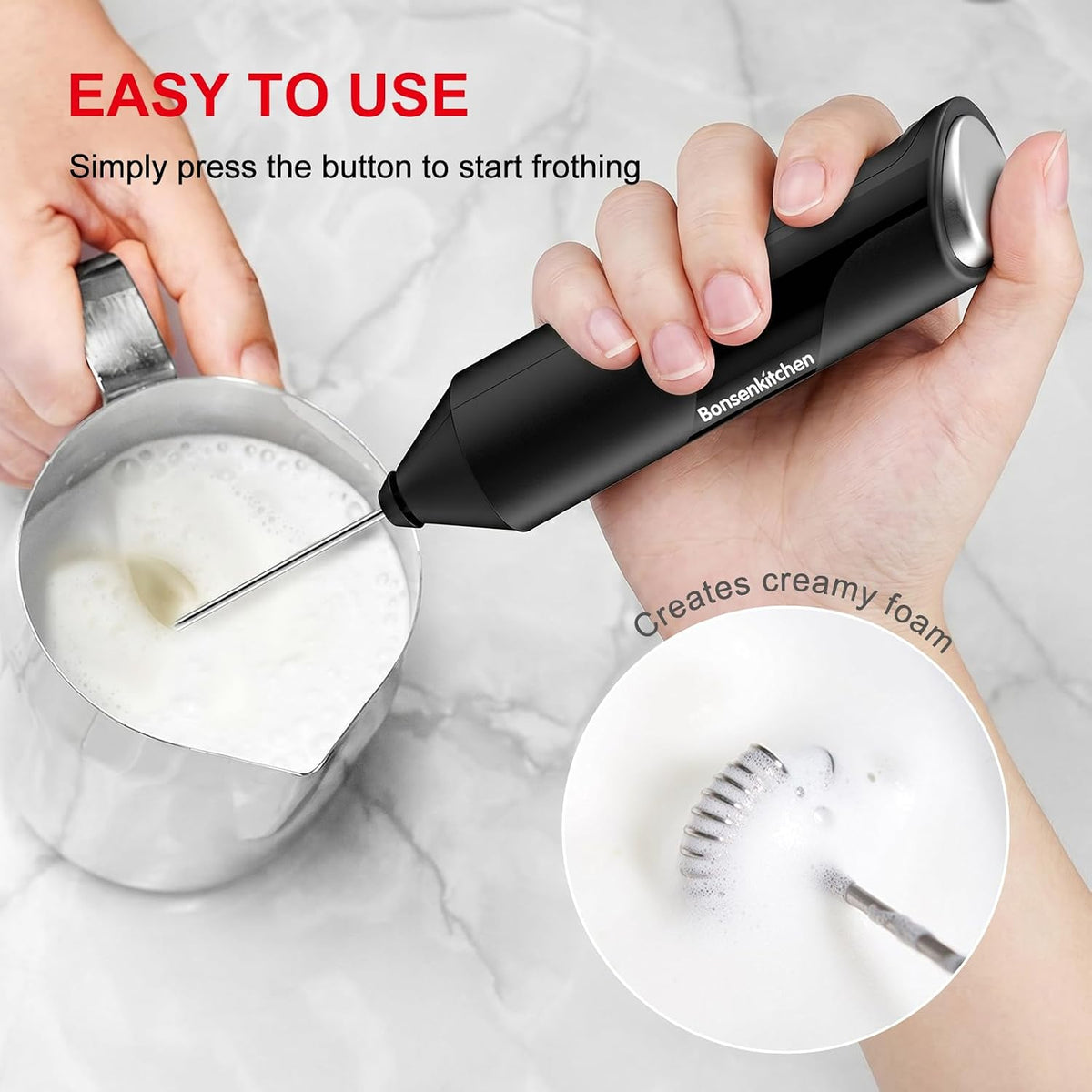 Bonsenkitchen Milk Frother for Coffee, Battery Operated, Black