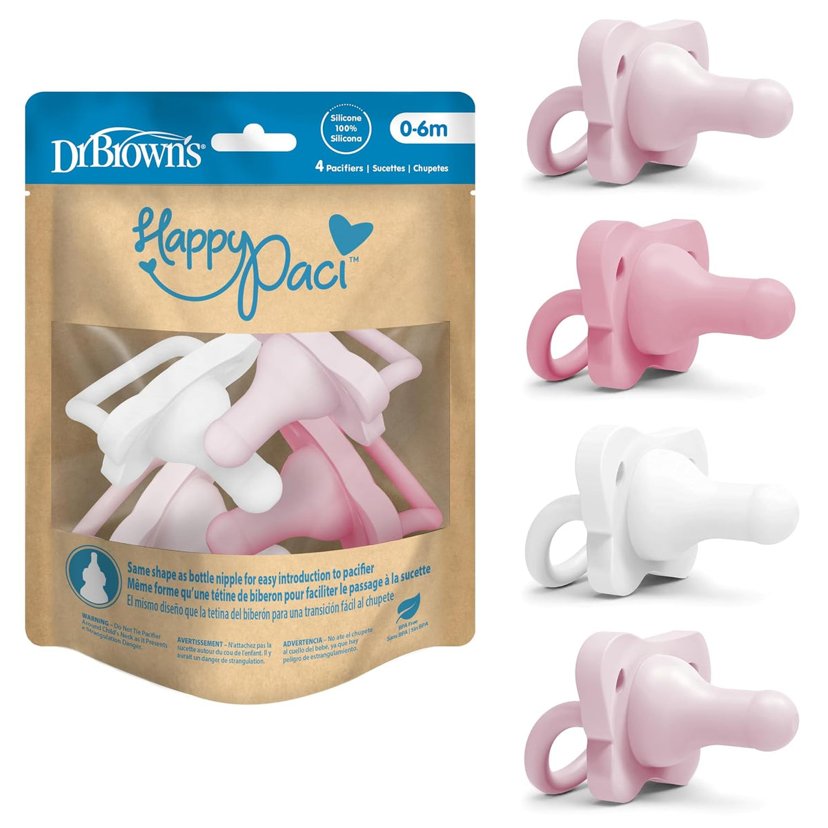 Dr. Brown's HappyPaci Baby Pacifier, Gray, Green, Ecru, 0-6m, 4-Pack