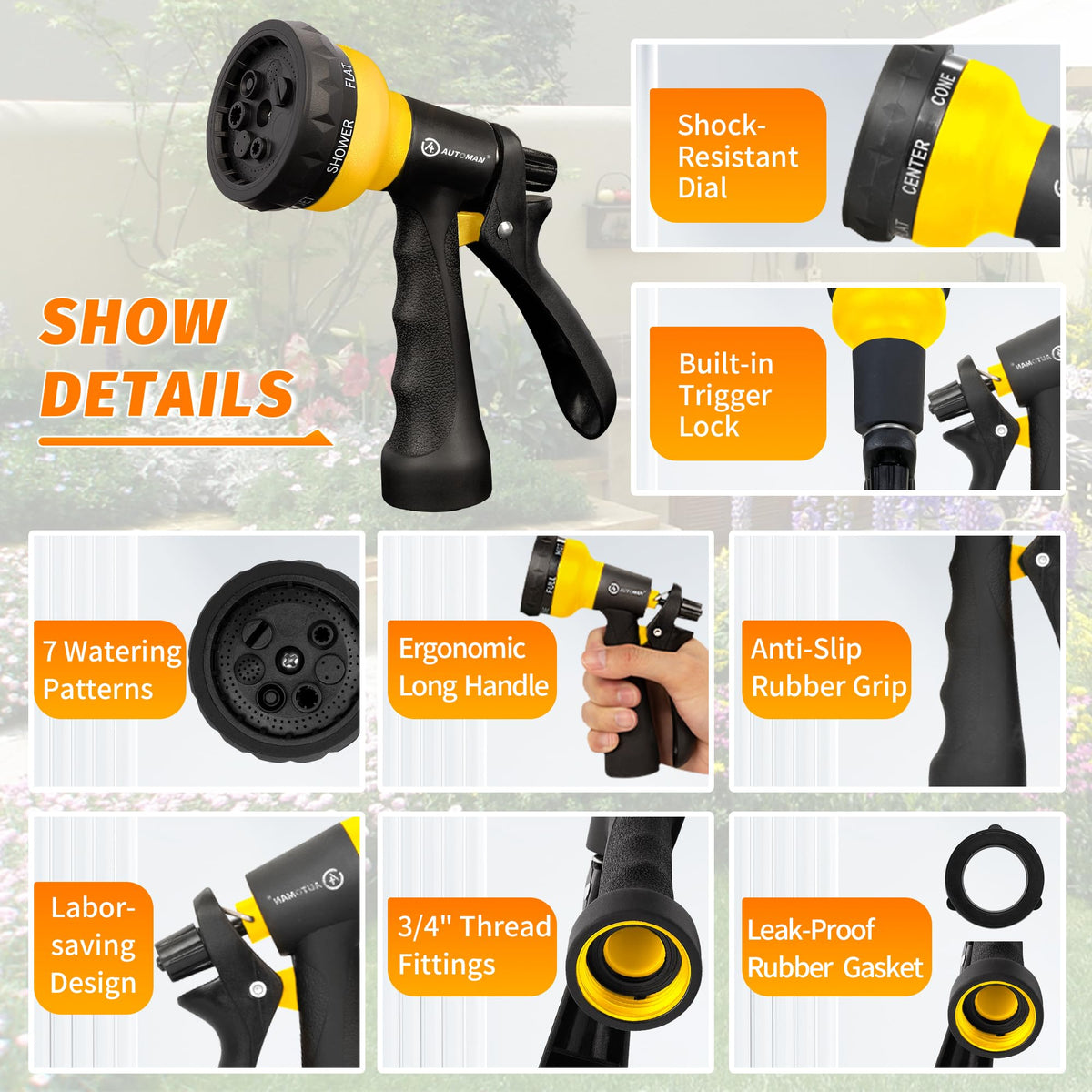 AUTOMAN Garden Hose Nozzle, Water Hose Sprayer Nozzle with 7 Adjustable Watering Patterns, Slip Resistant for Watering Plants, Lawn& Garden, Washing Cars, Cleaning, Showering Pets & Outdoor Fun. Father Jim Norris notebooks