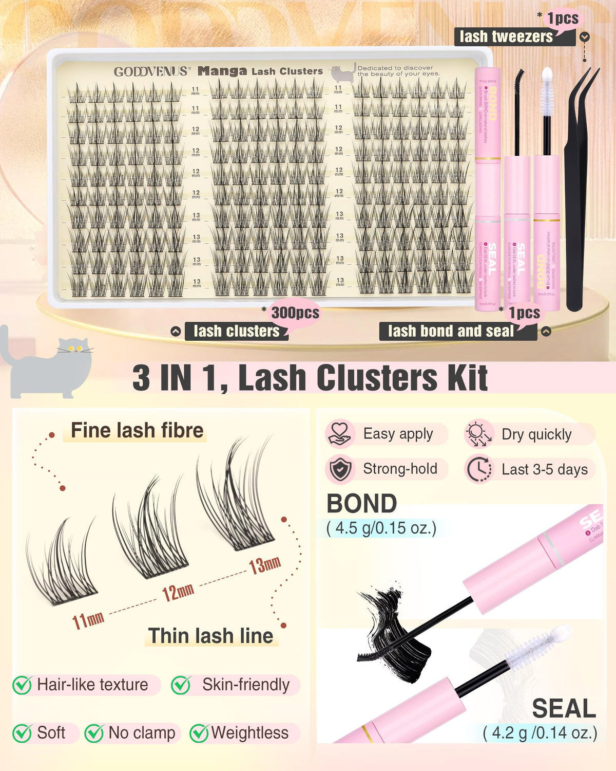 Goddvenus Lash Clusters Kit 9-14mm Wispy Eyelash Clusters Lashes Natural DIY Lash Extension Kit Short Cluster Eyelash Extensions Kit 300pcs C Curl Individual Lashes Cluster Eyelash (With Tweezers)