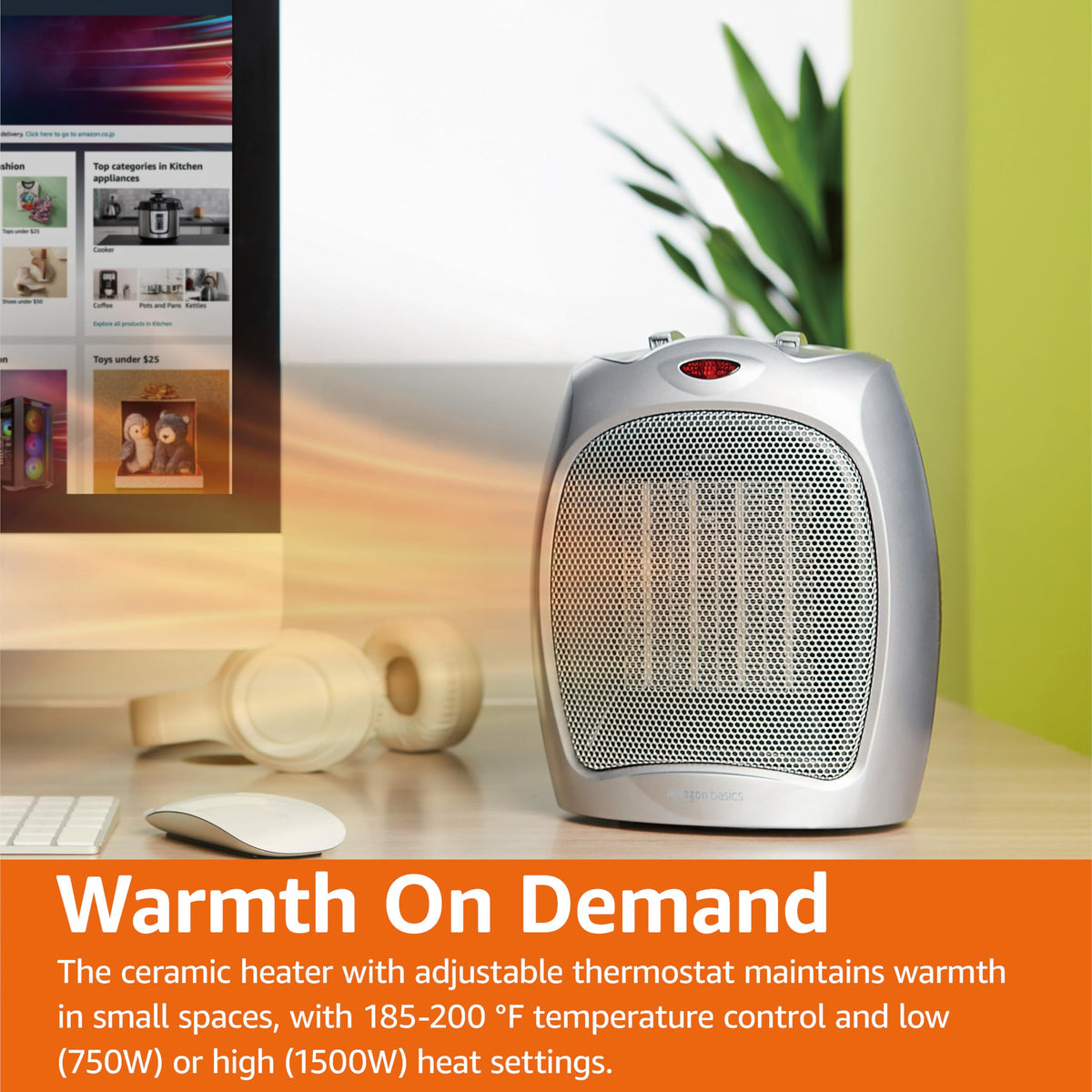 Amazon Basics Ceramic Space Heater, Portable Indoor Heating Solution, With Overheat and Tip-Over Protection,