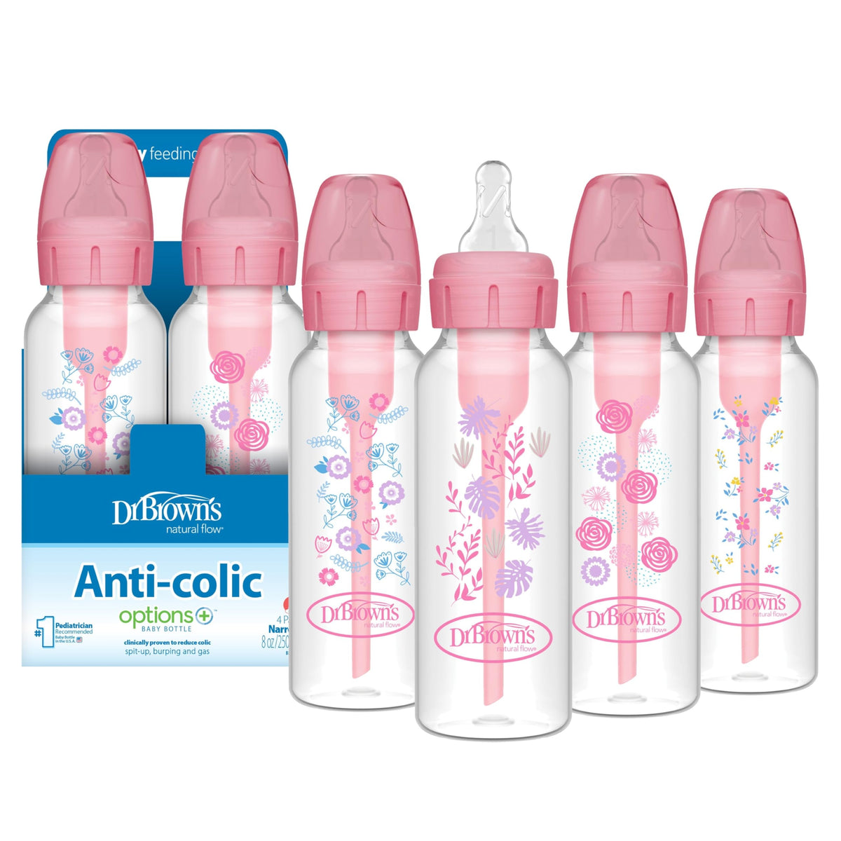 Dr. Brown's Anti-Colic Options+ Narrow Baby Bottle, Clear, 8 oz, 4-Pack